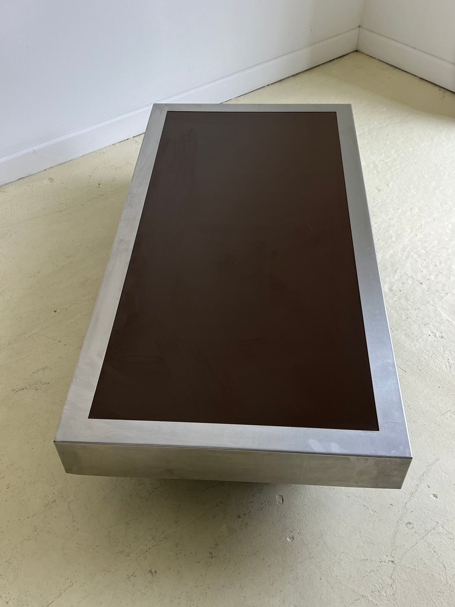 Willy Rizzo 1970s Chocolate Brown Glass and Brushed Steel Coffee Table