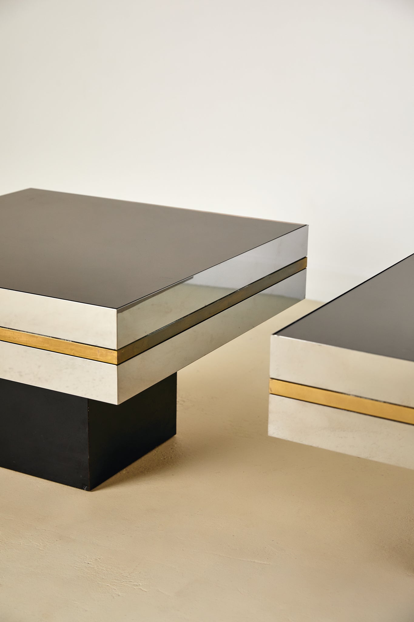 Willy Rizzo Style Chrome and Smoked Glass Lamp Table Pair