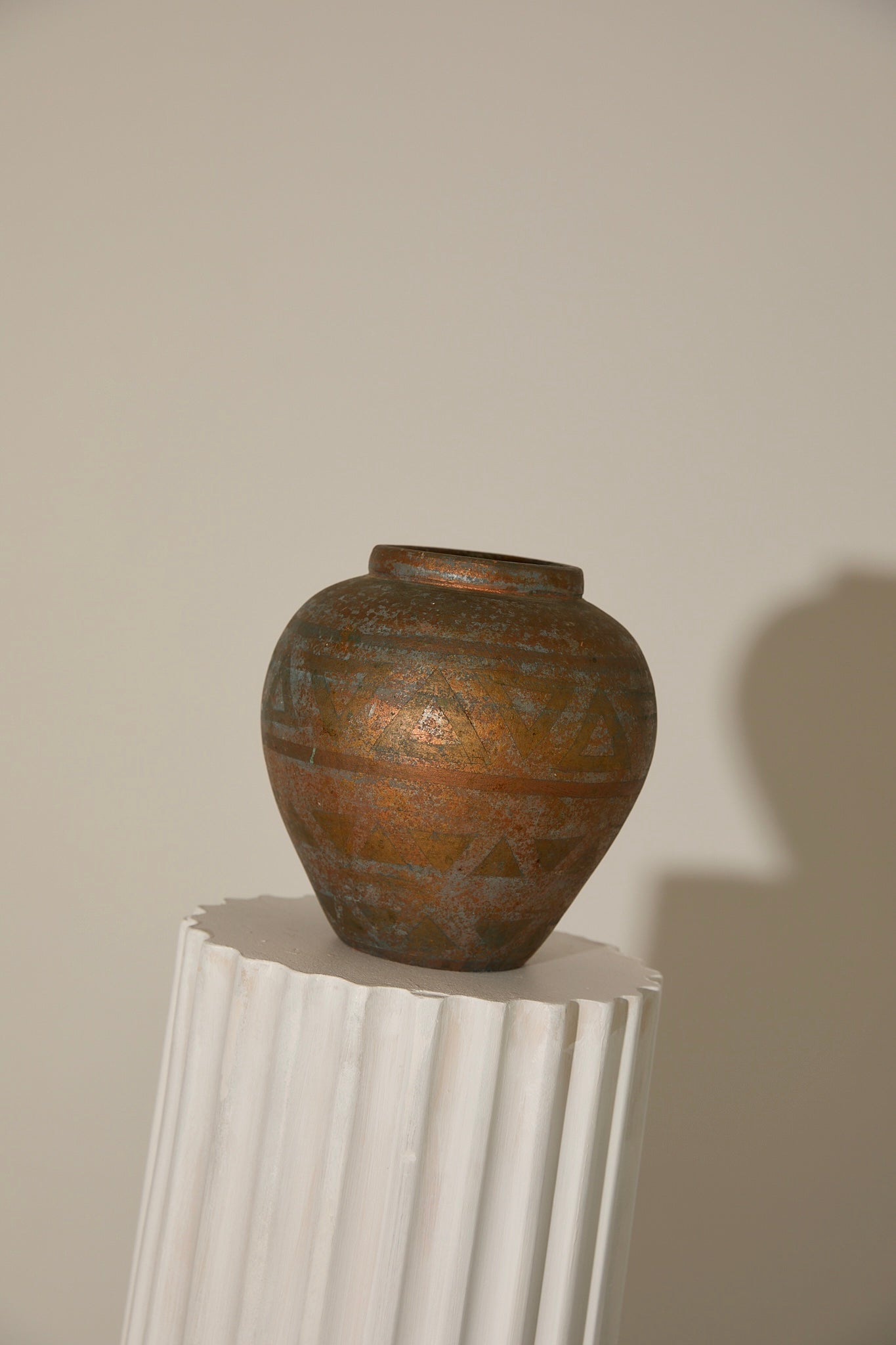 Vintage Mid-Century Japanese Patinated Bronze Ceramic Geometric Vase