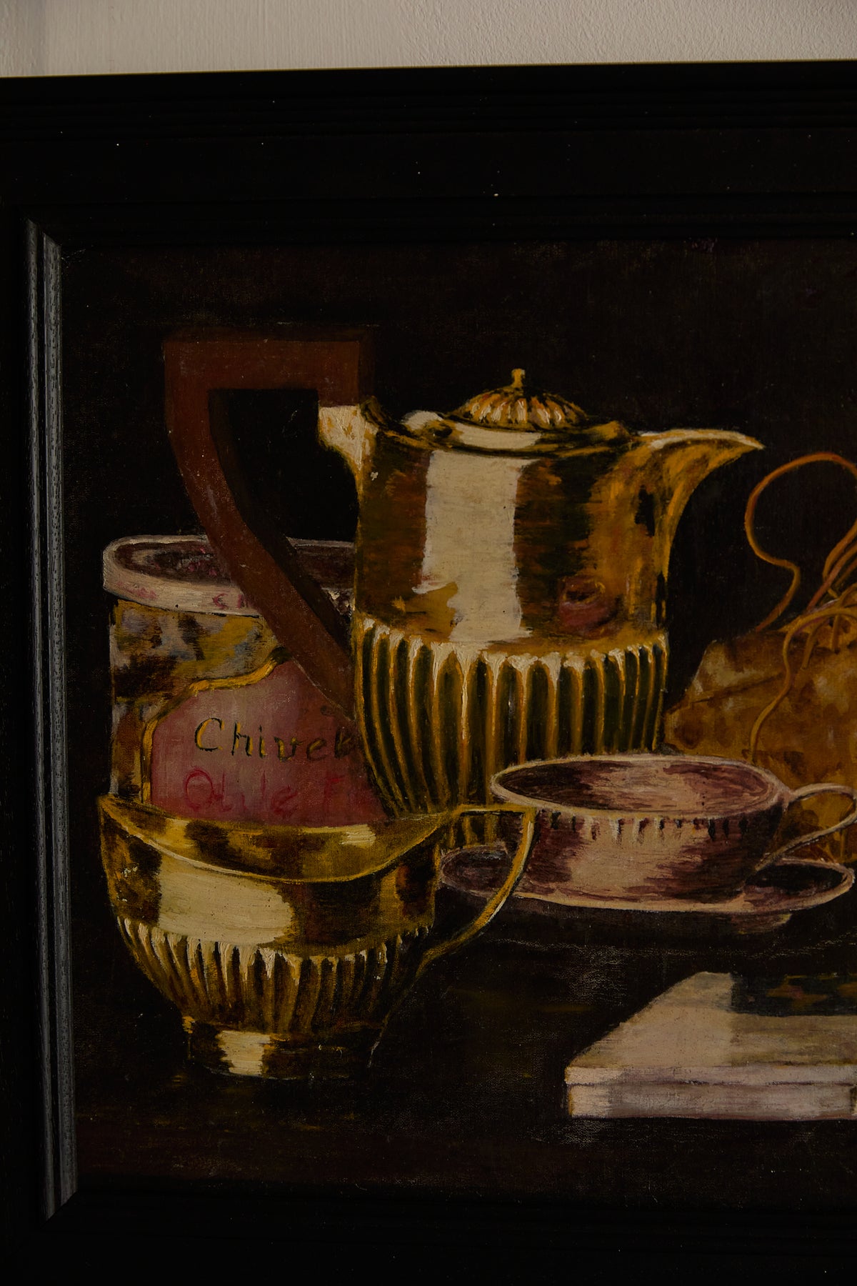 Gilded Still Life – Moody Vintage Oil Painting of Tea Service &amp; Curiosities