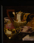 Gilded Still Life – Moody Vintage Oil Painting of Tea Service & Curiosities