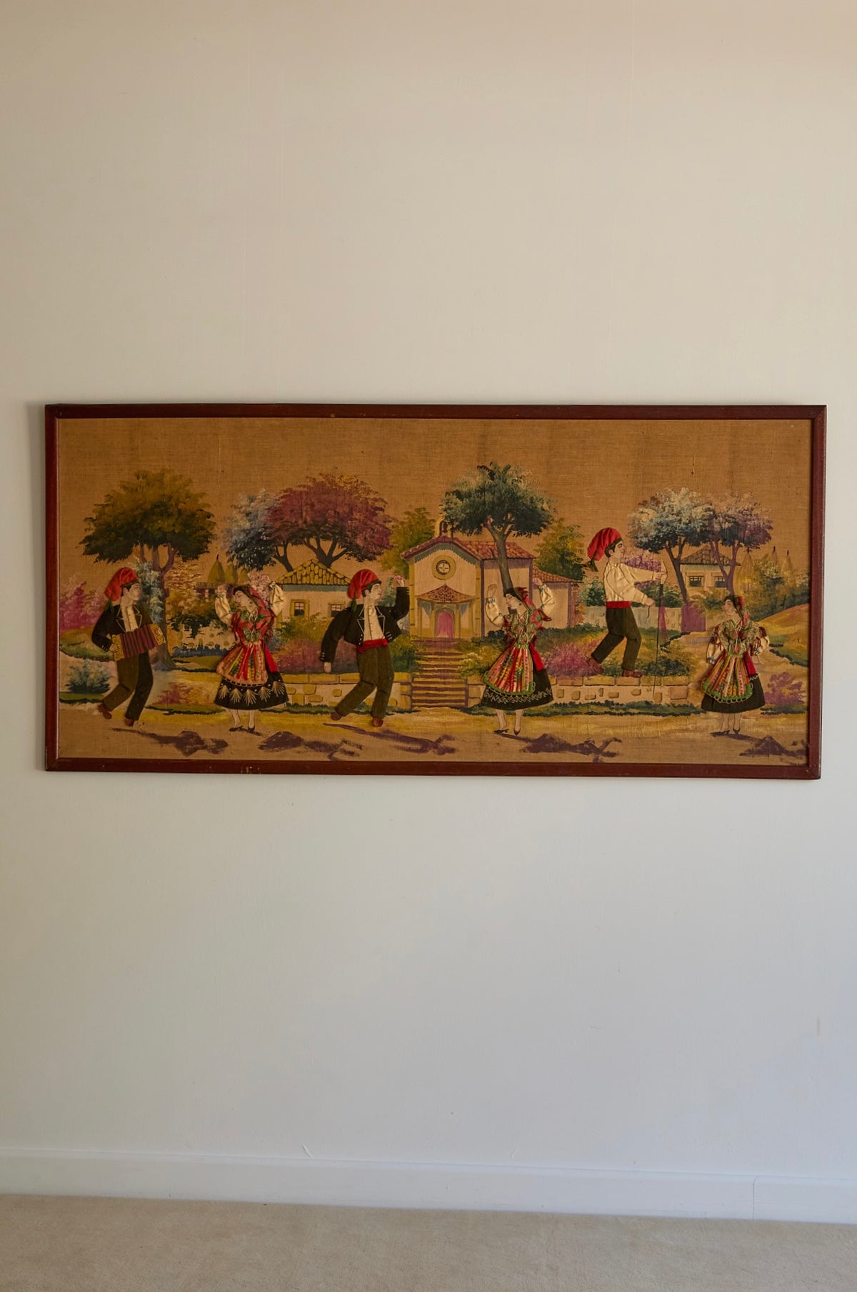 Vintage Framed European Folk Art Tapestry Wall Hanging – Village Festival Scene