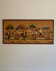 Vintage Framed European Folk Art Tapestry Wall Hanging – Village Festival Scene