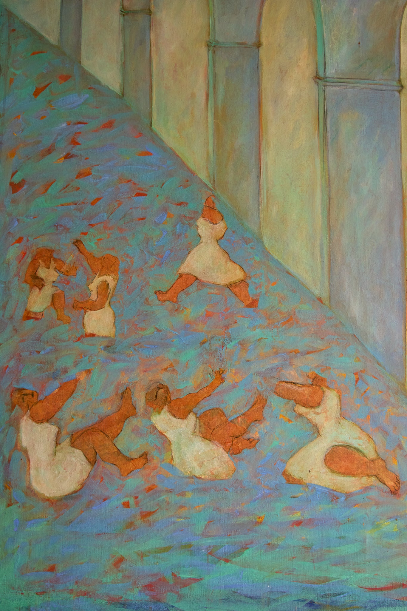Large 1989 French Postmodern Neo-Symbolist Painting – Vestales dans les Jardins by B. Blanc-Fontonille