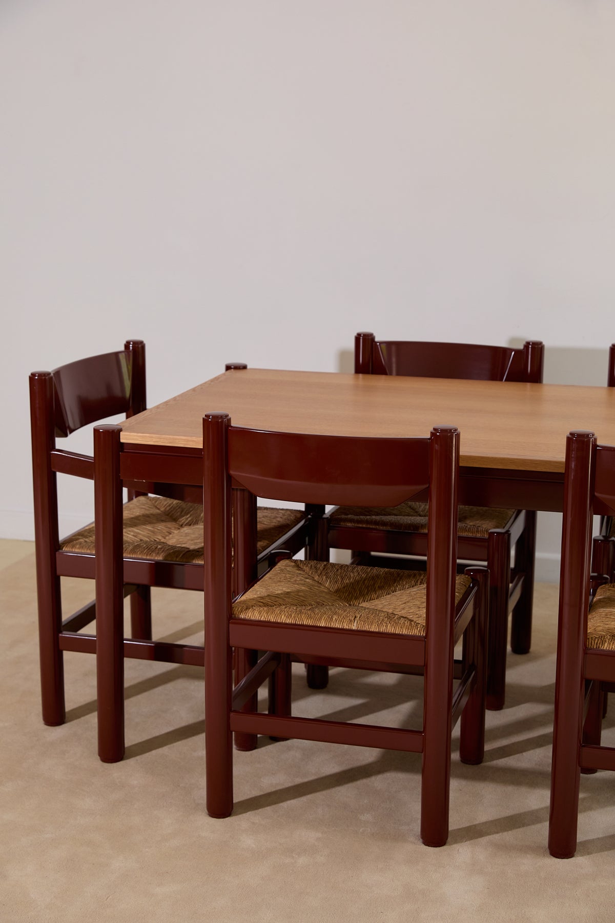 Mid-Century Modern Dining Set – Rectangular Wood Table with 6 Rush-Seat Chairs