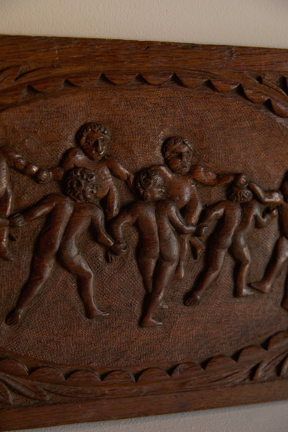 Antique 19th Century Hand-Carved Solid Oak Wooden Relief Plaque – Dancing Cherubs