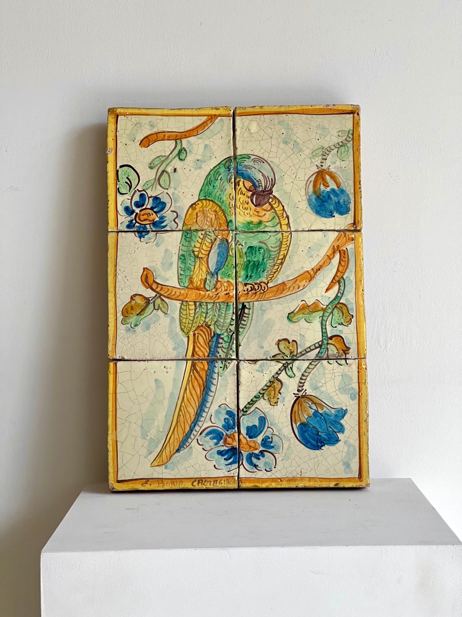 Italian Antique Parrot Tile Panel