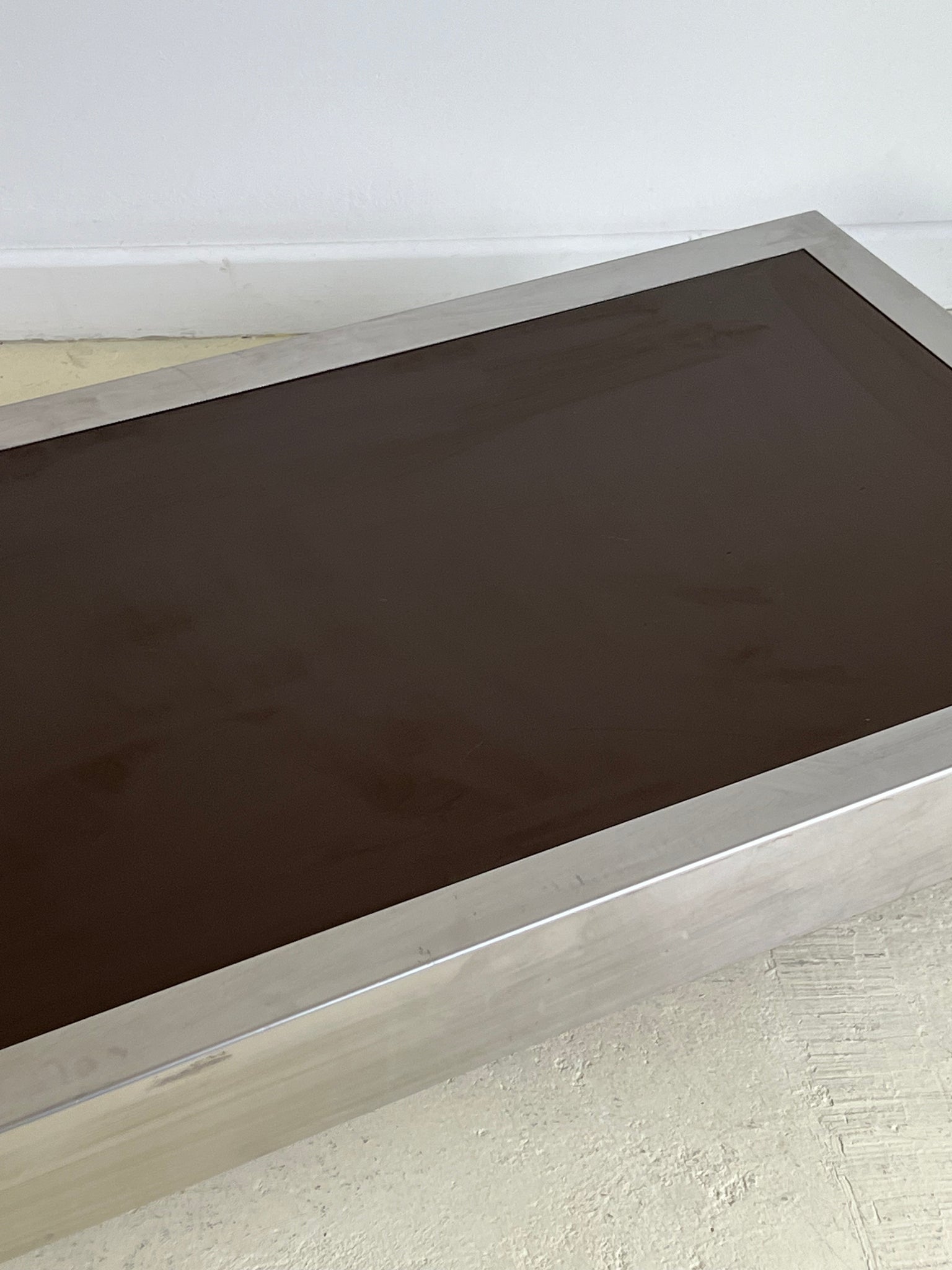 Willy Rizzo 1970s Chocolate Brown Glass and Brushed Steel Coffee Table