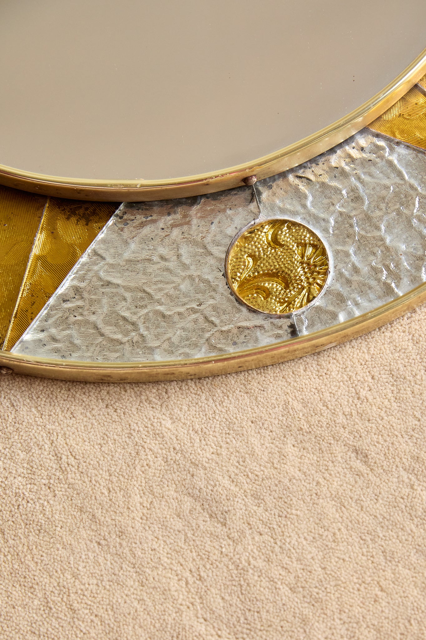 Vintage French Circular Mirror with Embossed Geometric Glass &amp; Metal Frame, c. 1960s