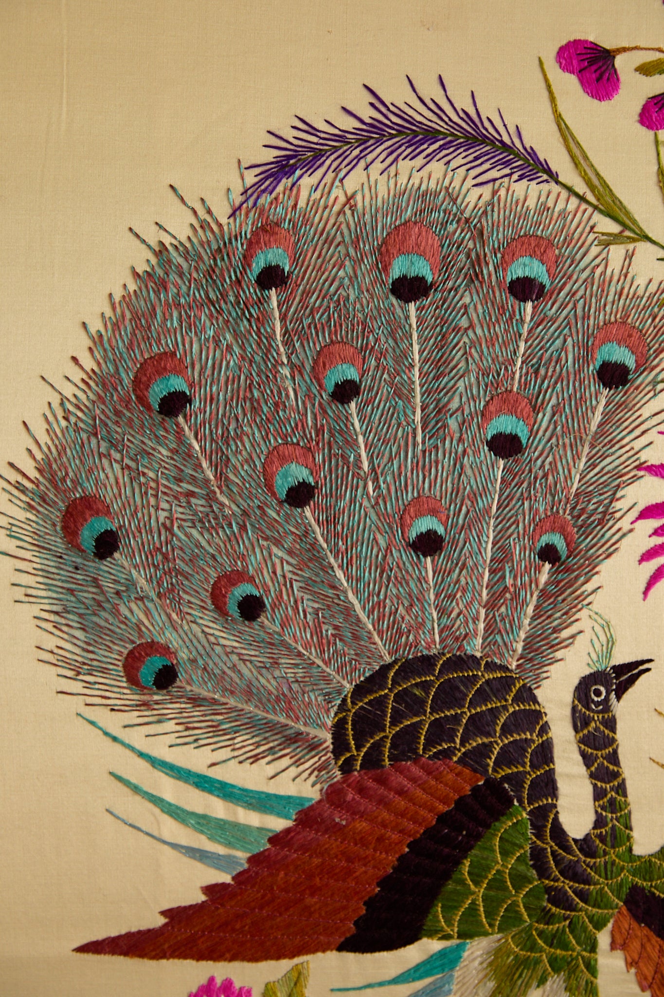 Vintage Large Framed Chinese Silk Embroidery Panel – Peacock &amp; Peony Floral Border