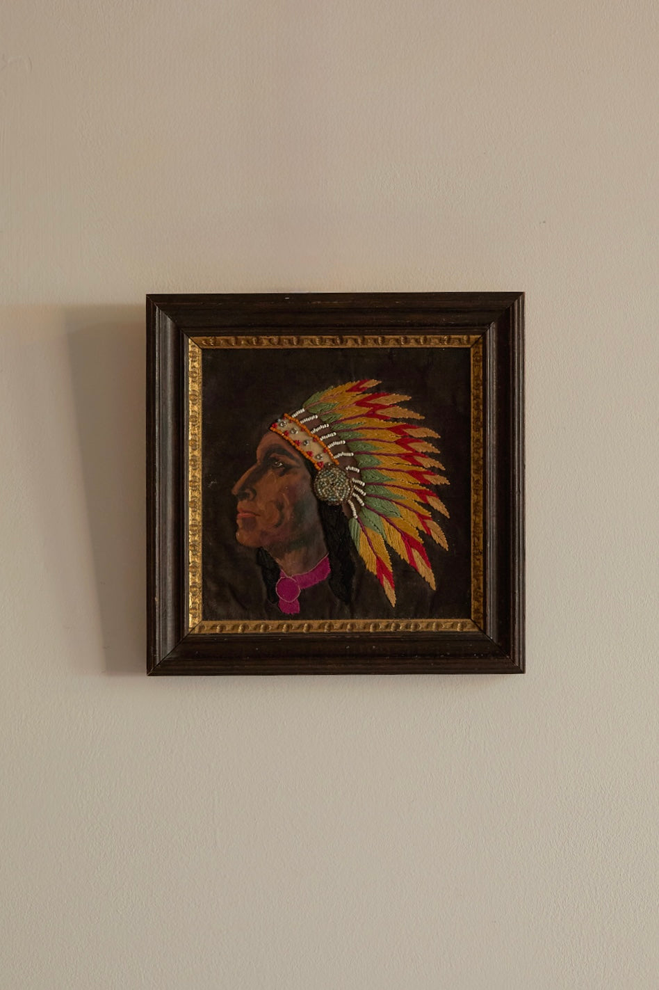 Antique Native American Chief Embroidered Portrait