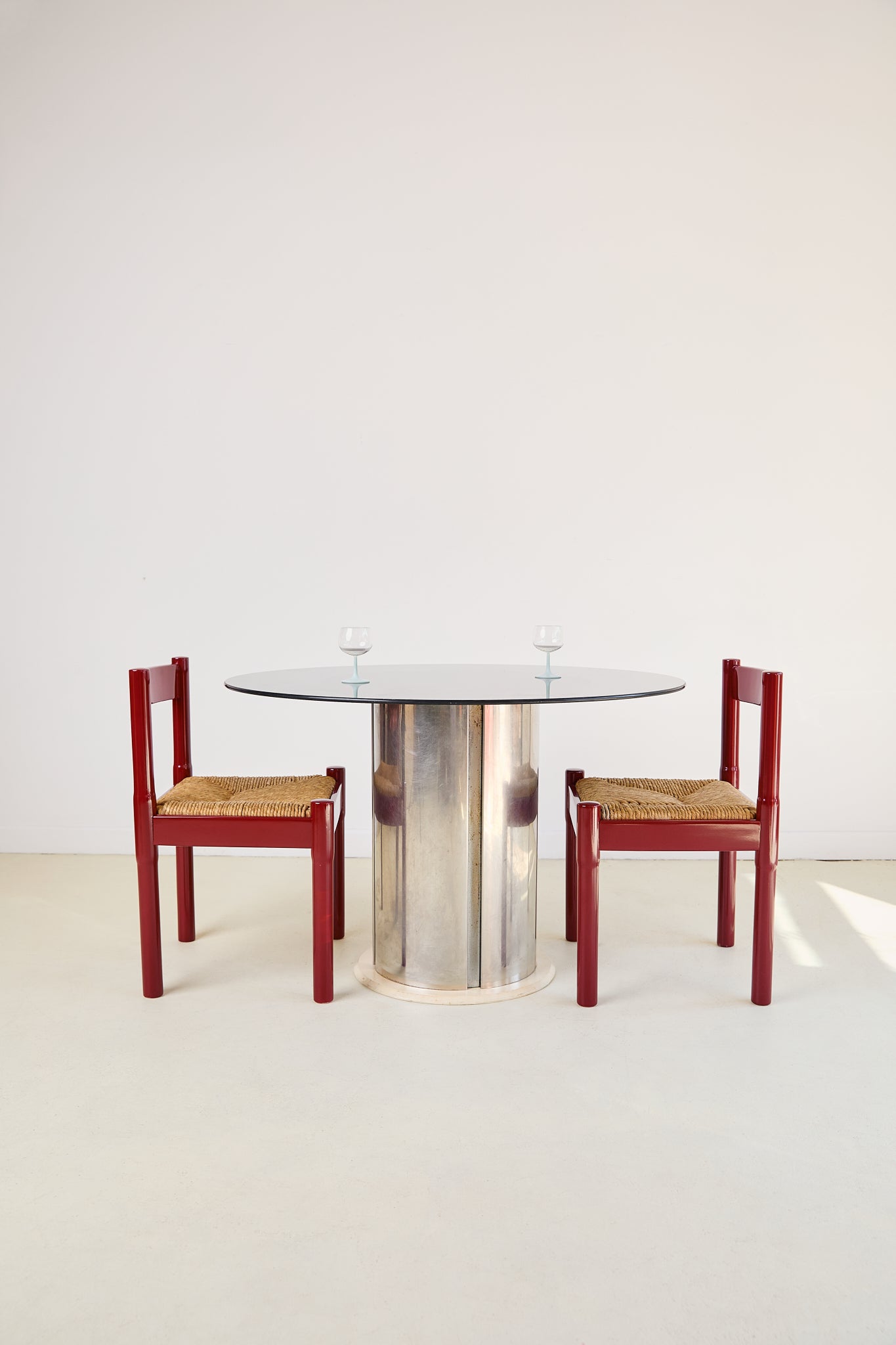 Chrome Base Dining Table with Smoked Glass Top in the Style of Antonia Astori