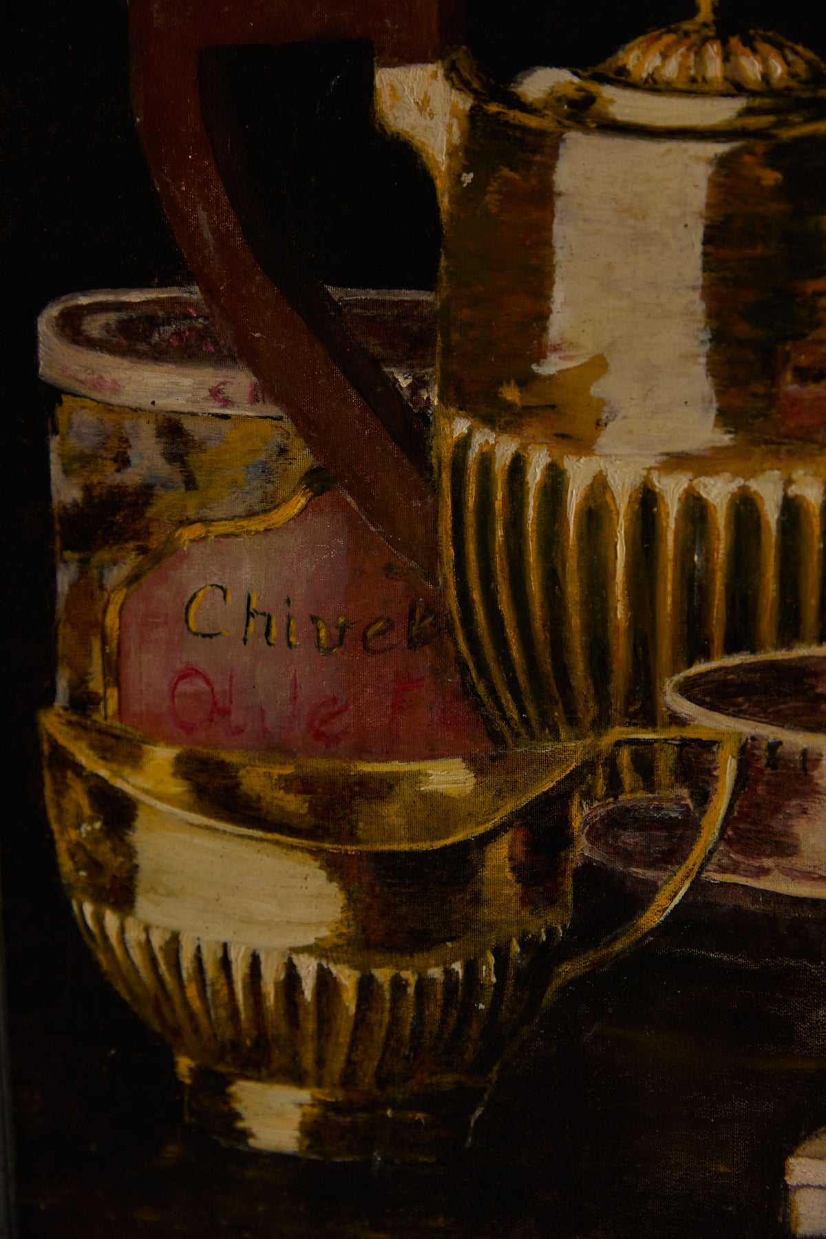Gilded Still Life – Moody Vintage Oil Painting of Tea Service &amp; Curiosities
