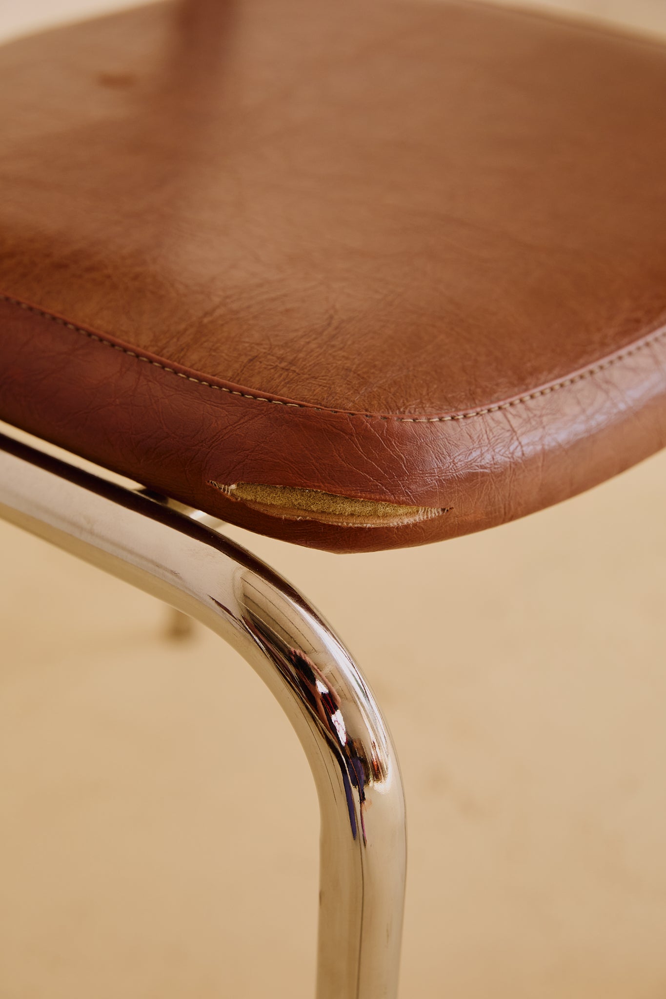 Set of 4 Bauhaus Chrome Tubular Steel and Brown Faux Leather Chairs, 80s Italy