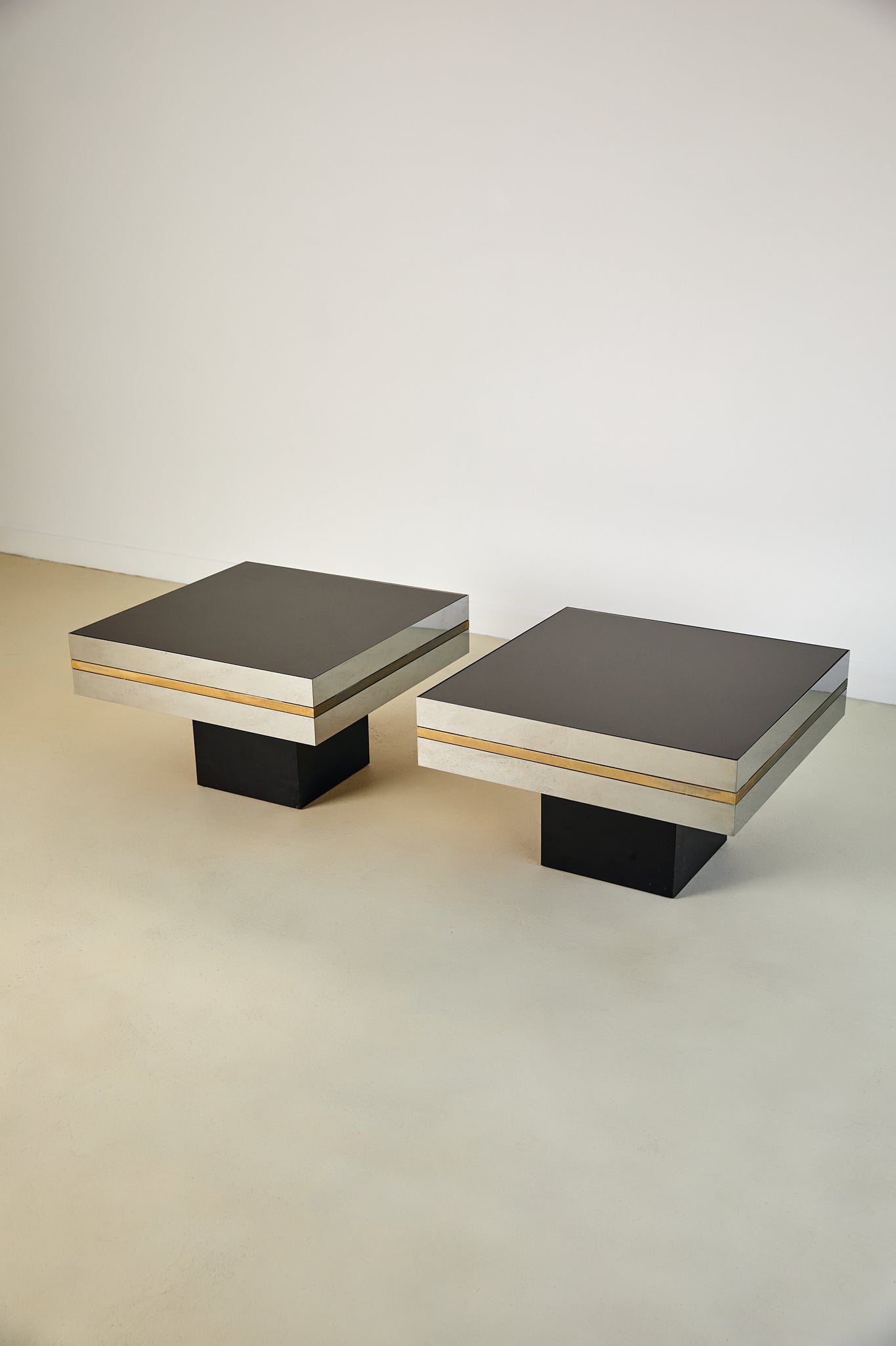 Willy Rizzo Style Chrome and Smoked Glass Lamp Table Pair