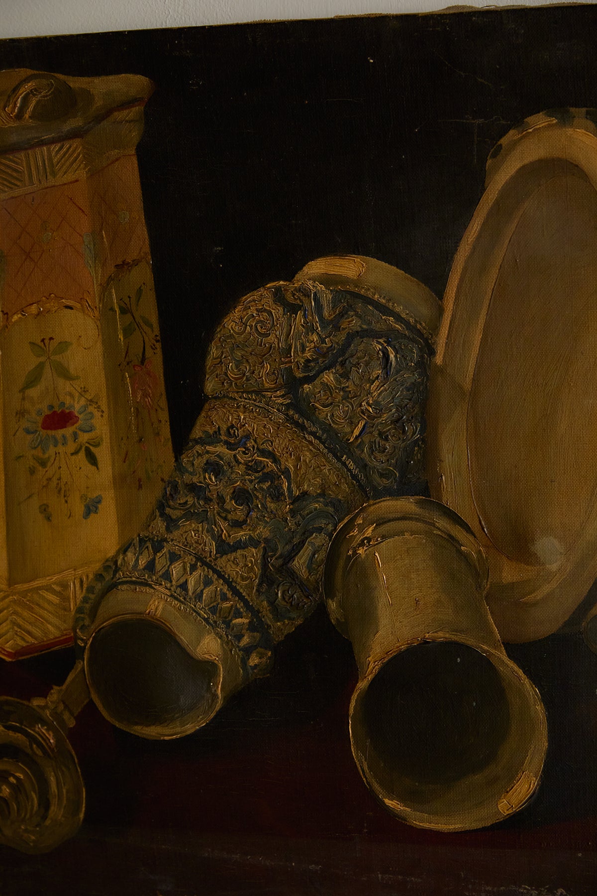 Antique Tabletop Still Life: Ceramic Vessels &amp; Pewter