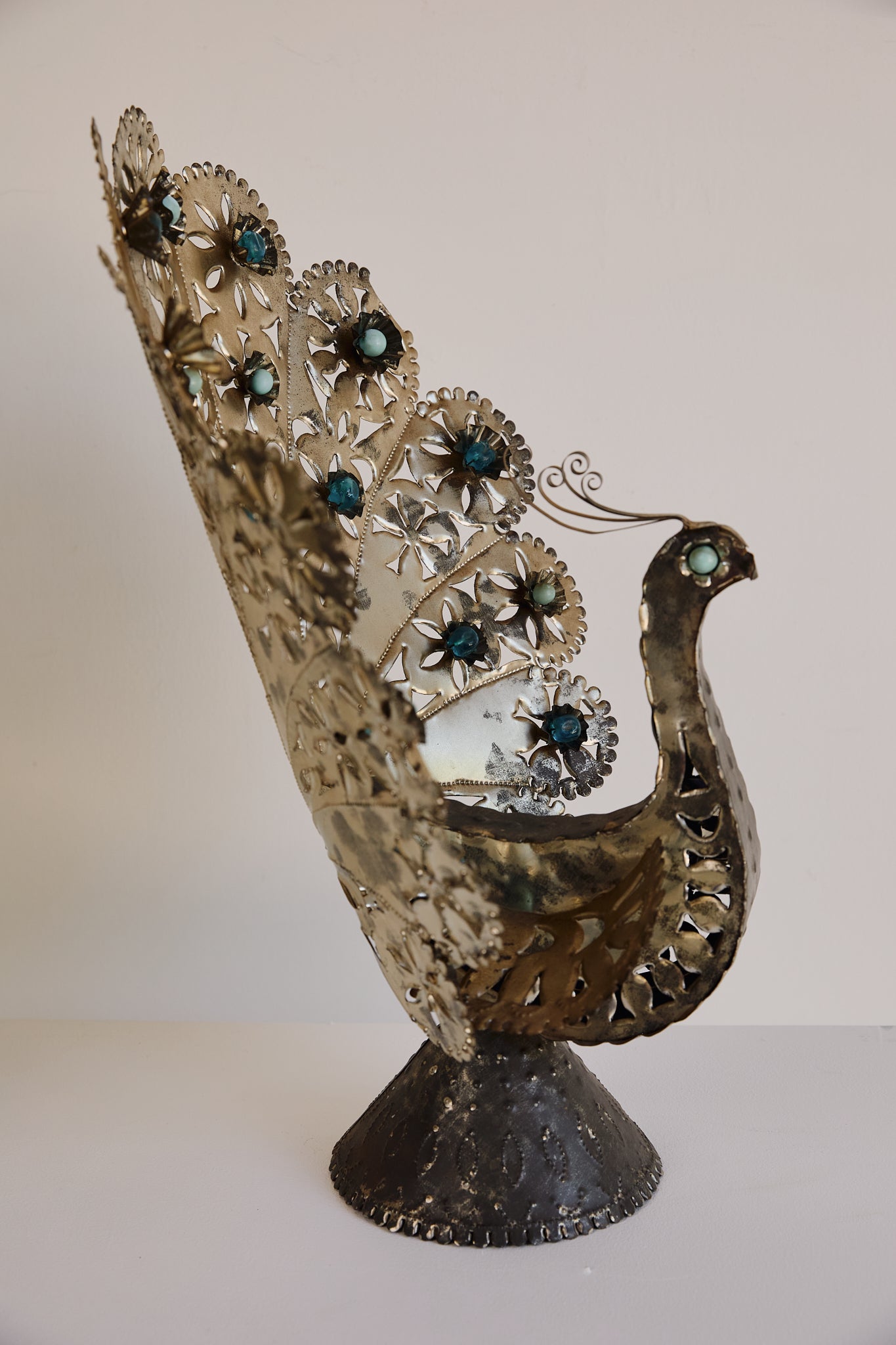 Pair of Mexican Tin Metal Peacocks