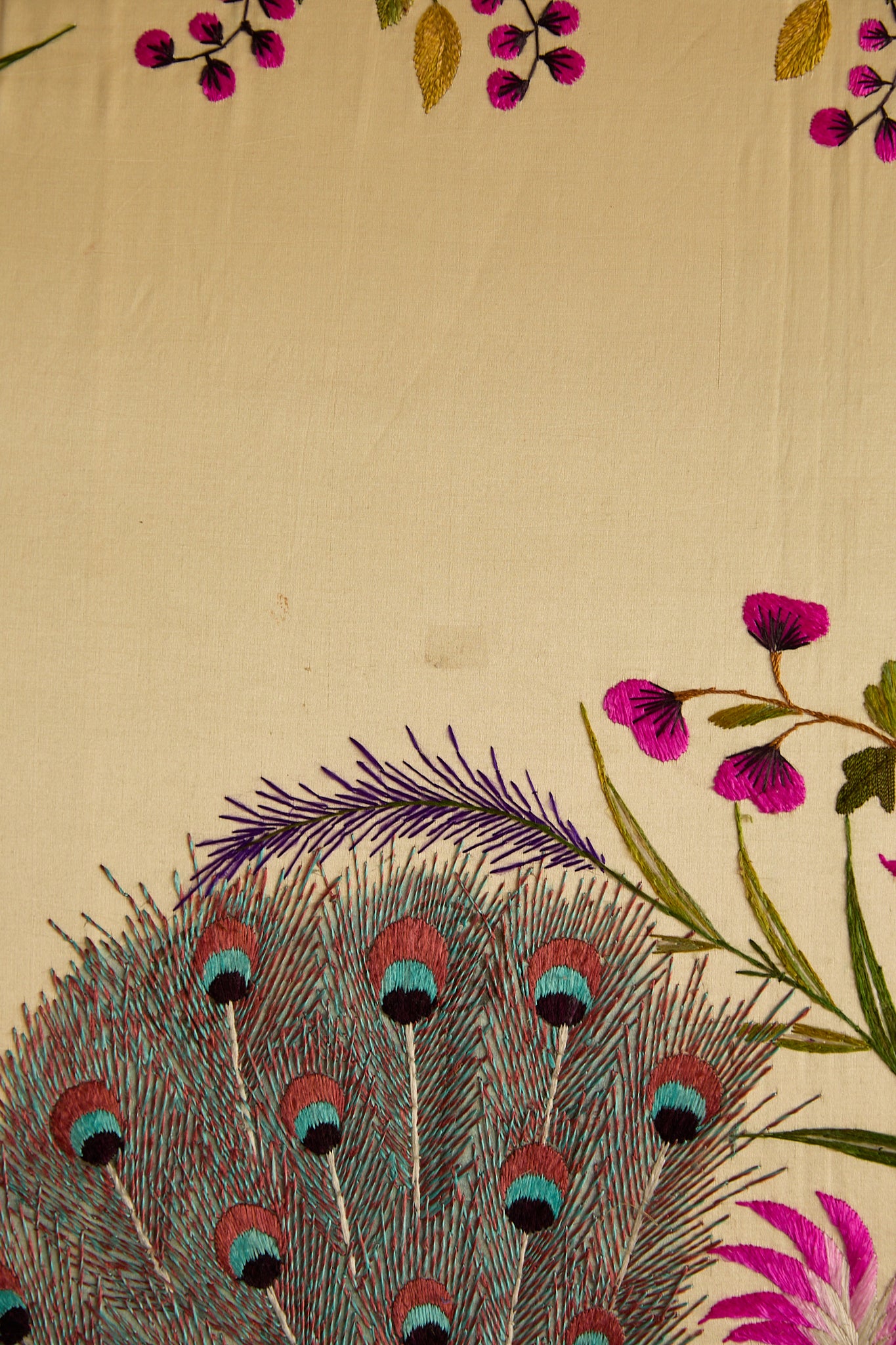 Vintage Large Framed Chinese Silk Embroidery Panel – Peacock &amp; Peony Floral Border