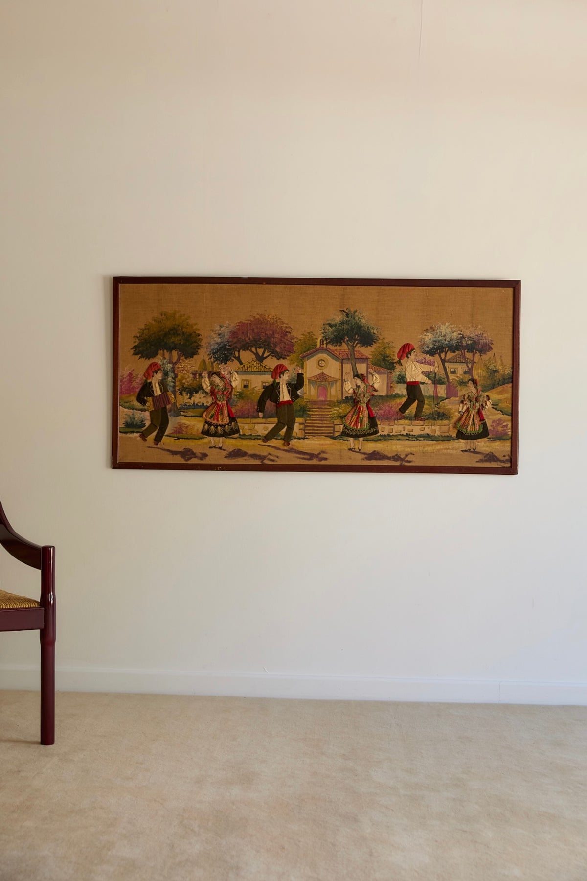 Vintage Framed European Folk Art Tapestry Wall Hanging – Village Festival Scene