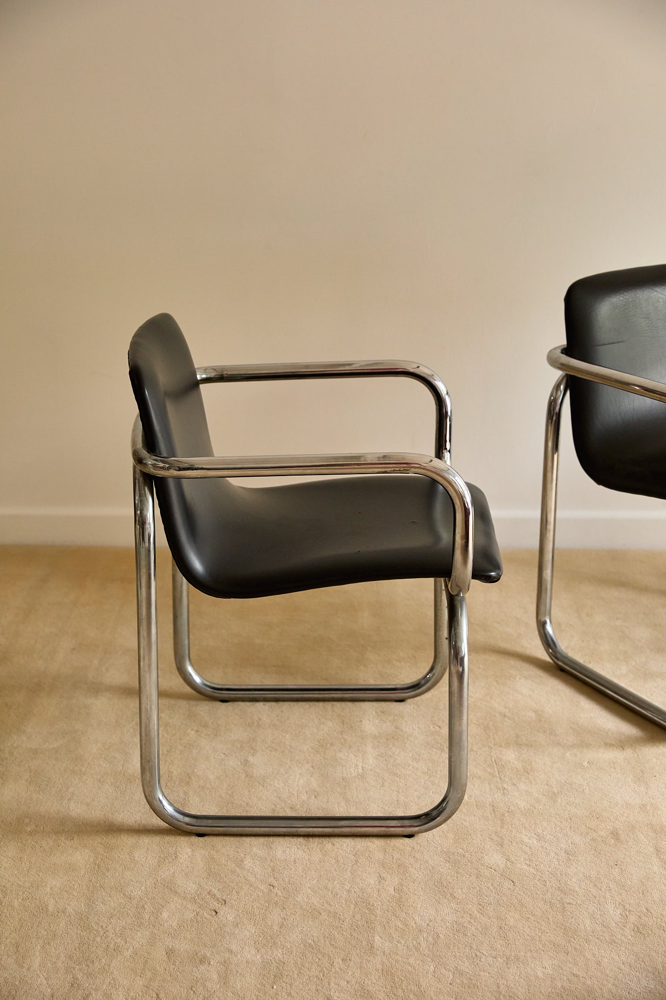 Pair of Vintage Postmodern Italian Black Leather &amp; Tubular Chrome Cantilever Armchairs (c. 1970s–1980s)