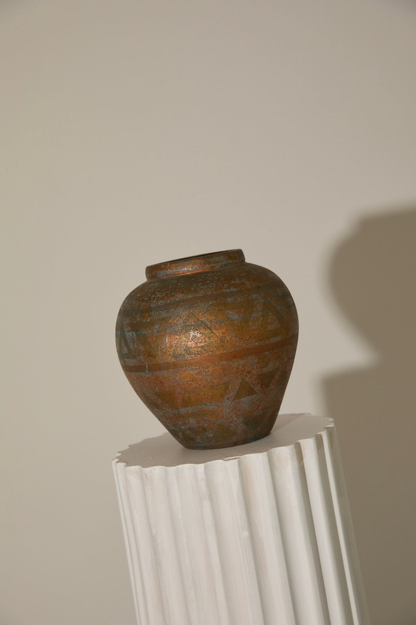 Vintage Mid-Century Japanese Patinated Bronze Ceramic Geometric Vase