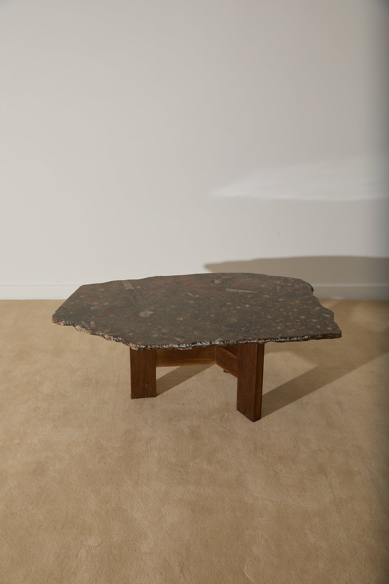 Primitive Orthoceras Fossil Cocktail Table – Devonian Limestone Slab on Wood Trestle Base