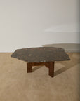 Primitive Orthoceras Fossil Cocktail Table – Devonian Limestone Slab on Wood Trestle Base