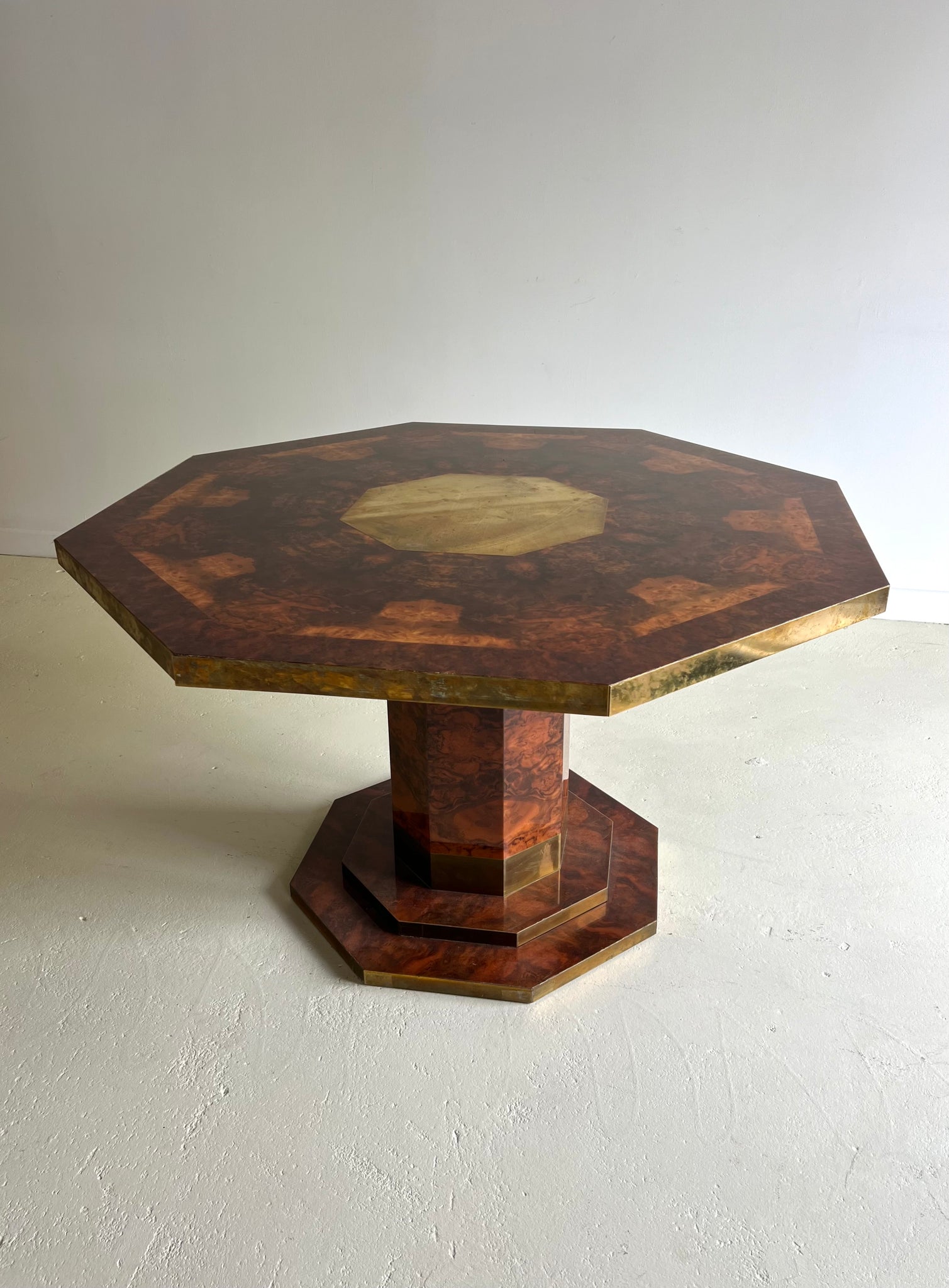 Burl Lacquer and Brass Dining Table by Jean Claude Mahey for Maison Roméo