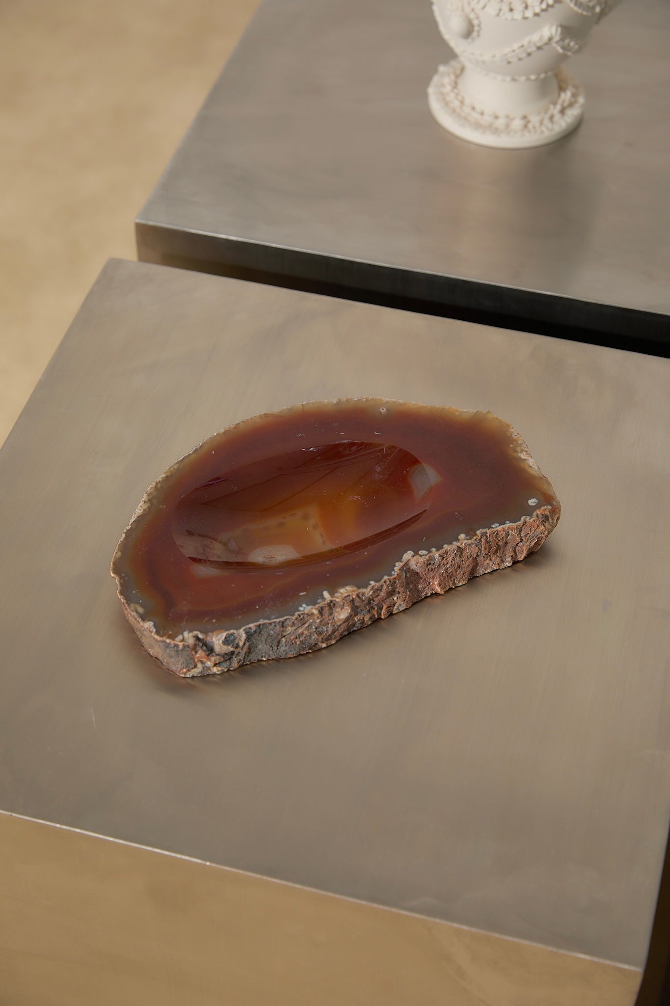Vintage Carnelian Agate Soap Dish – Polished Amber Sardonyx Catchall Bowl