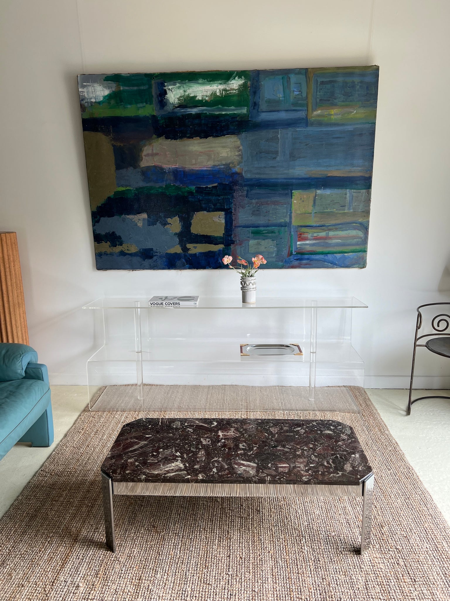 Reddish Brown Marble and Chrome Coffee Table