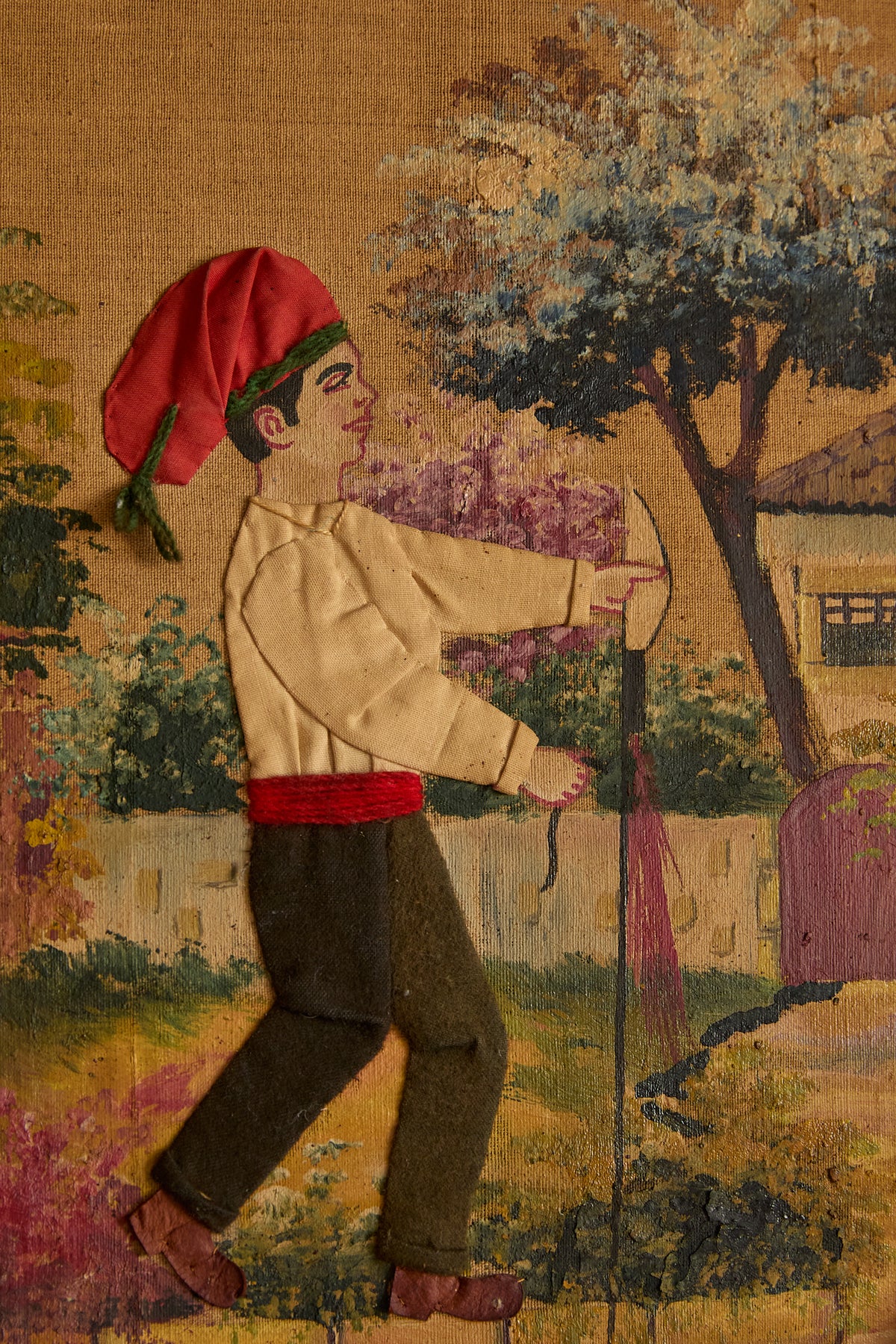 Vintage Framed European Folk Art Tapestry Wall Hanging – Village Festival Scene