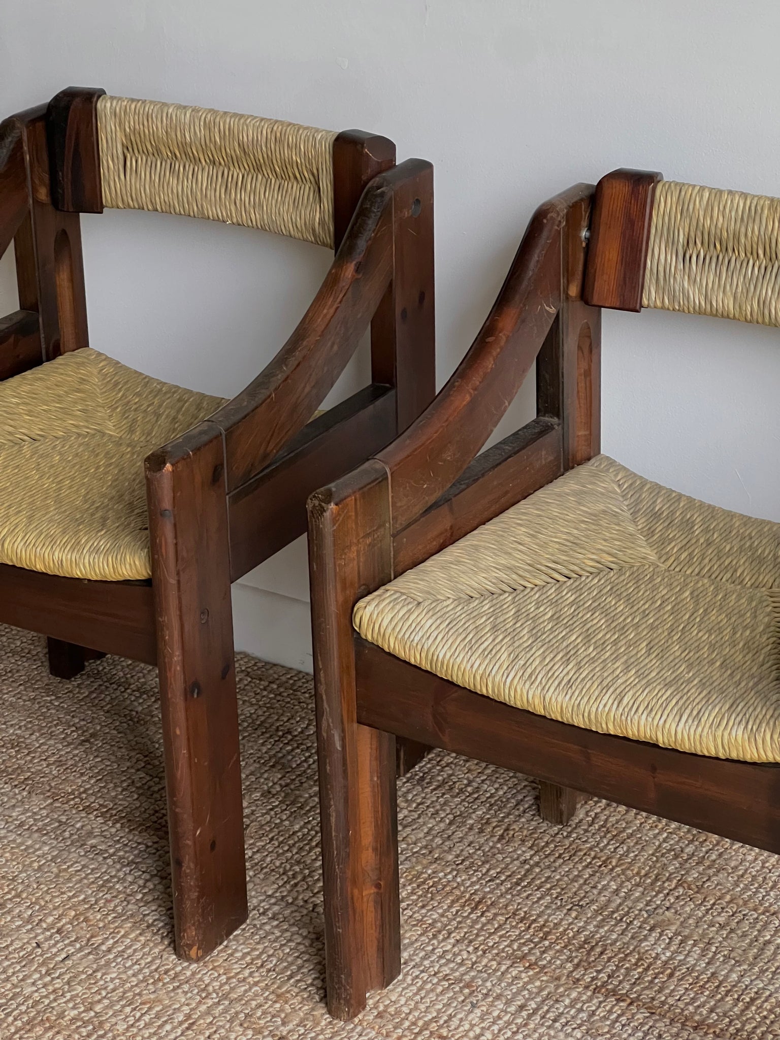 Mid-Century Brutalist Pine and Straw Chairs by Fratelli Montina, Italy, 1960s