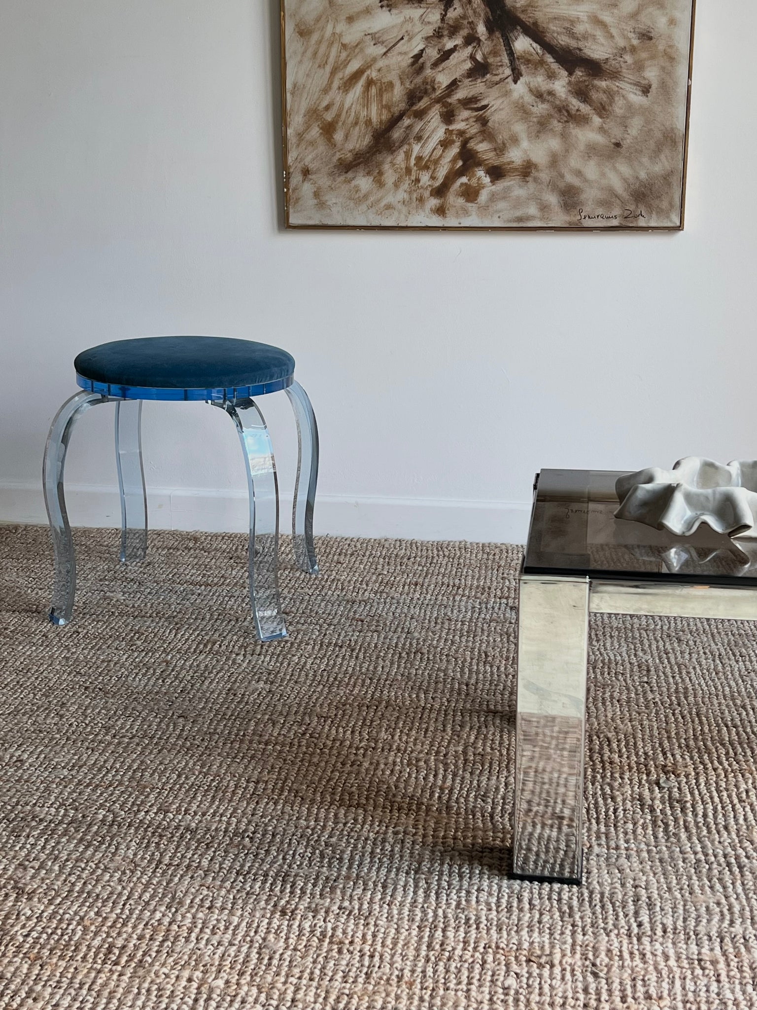 Blue Lucite and Velvet Stool