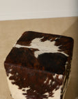 Genuine Cowhide Cube Ottoman – Tri-Color Brown & White Hair-on-Hide Footstool