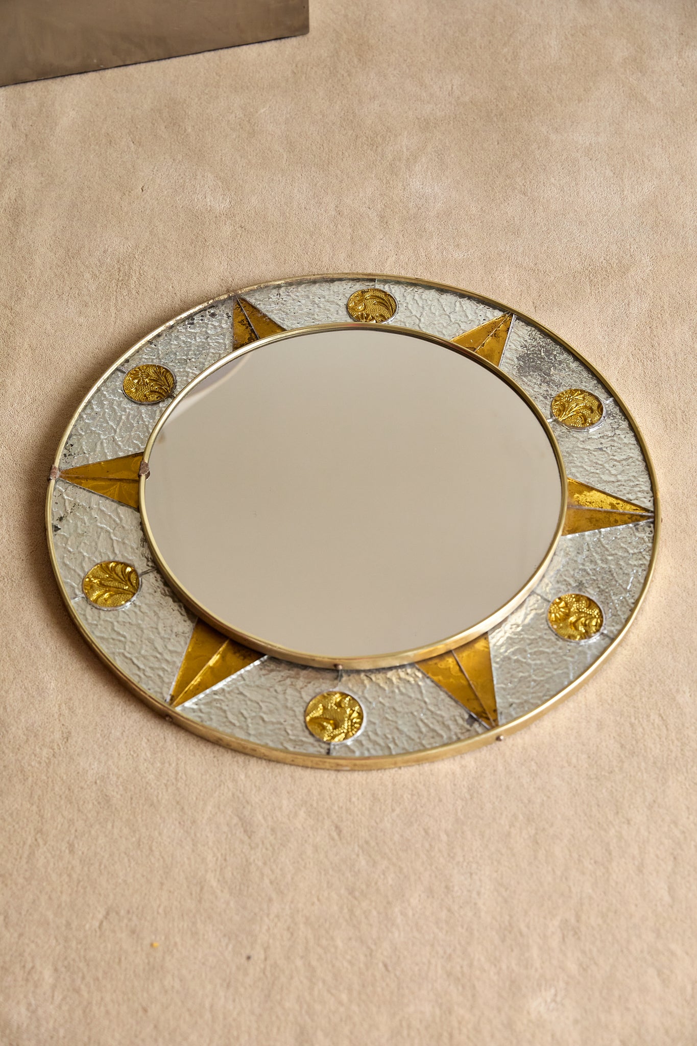 Vintage French Circular Mirror with Embossed Geometric Glass &amp; Metal Frame, c. 1960s