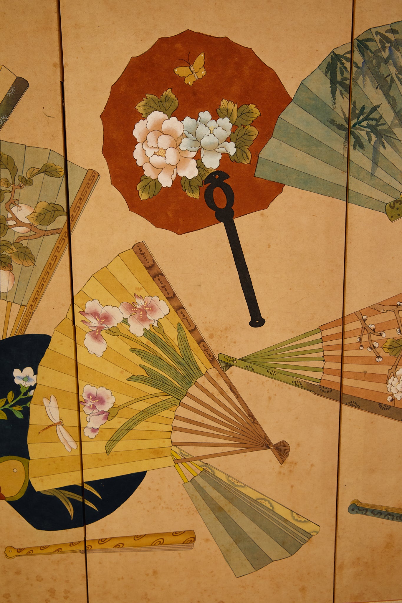 Japanese Four Panel Screen Panting With Fans