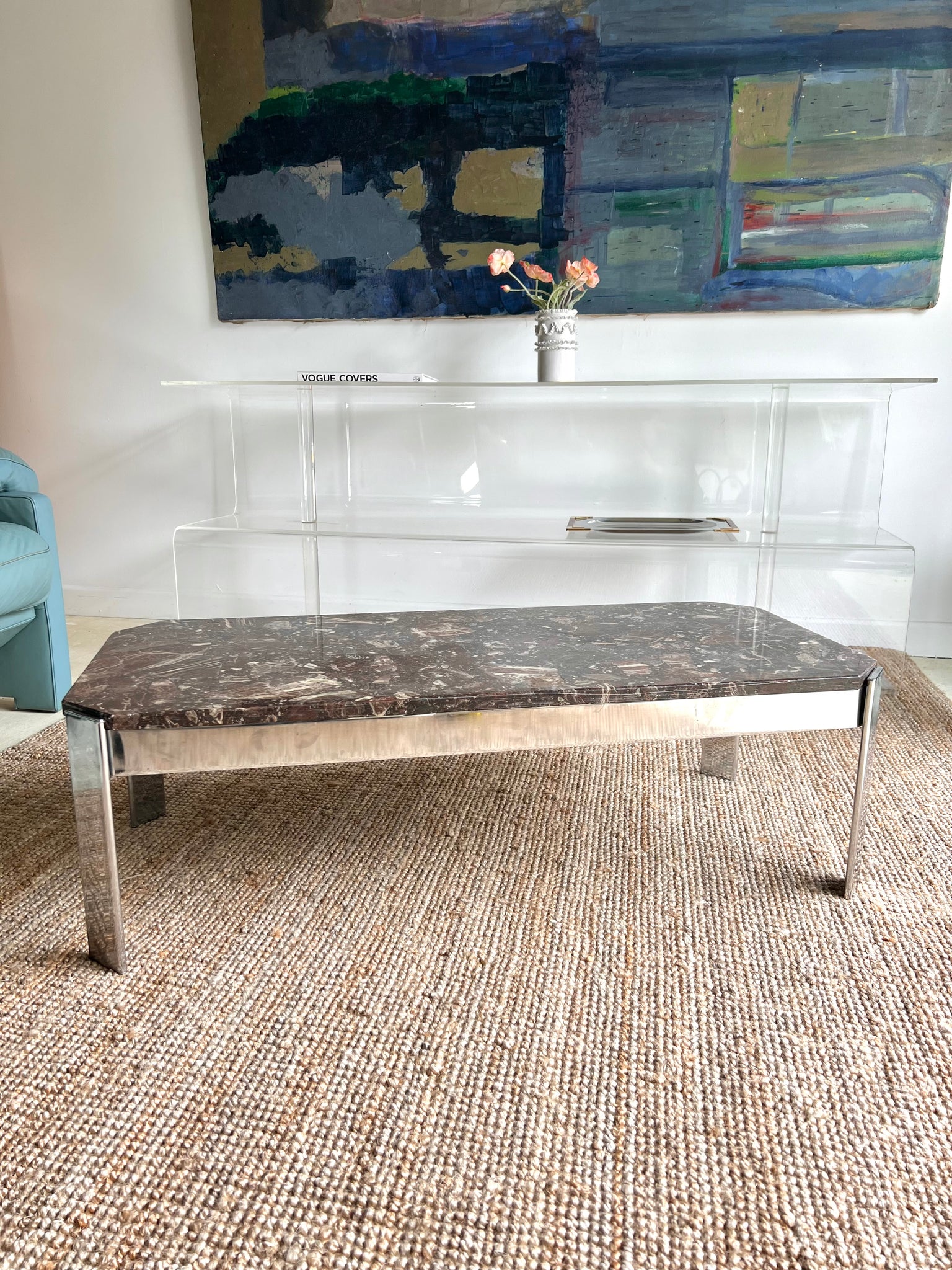 Reddish Brown Marble and Chrome Coffee Table