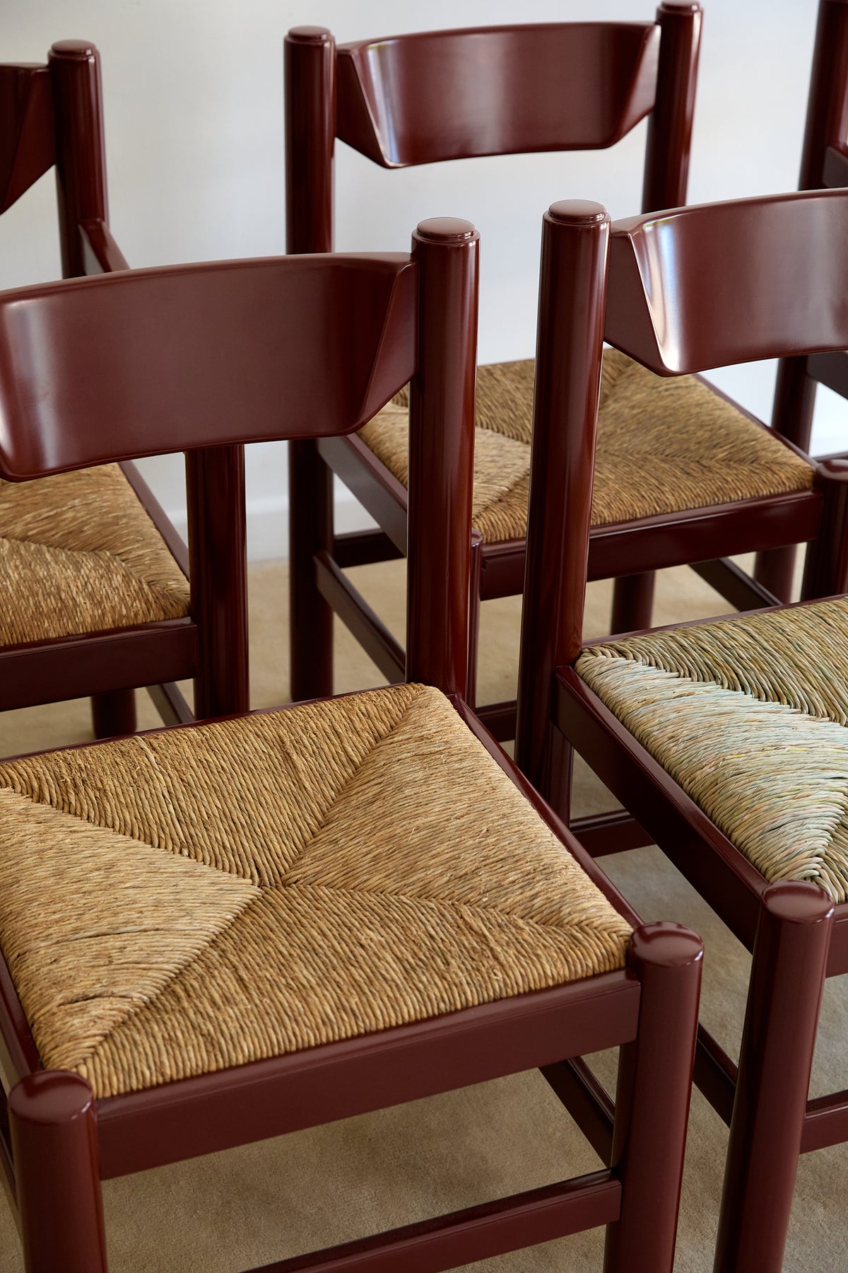 Mid-Century Modern Dining Set – Rectangular Wood Table with 6 Rush-Seat Chairs
