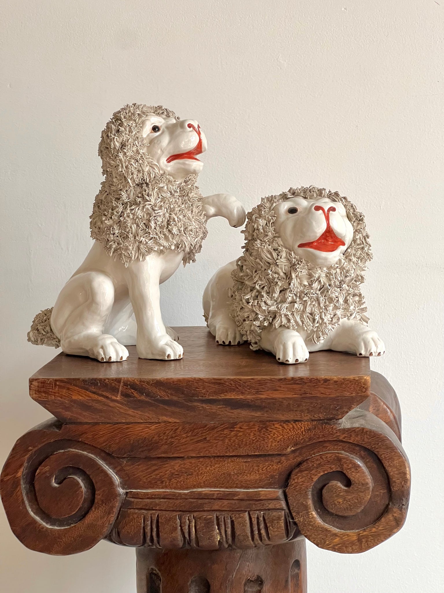 Pair of 19th Century Italian Faience Ceramic Lions