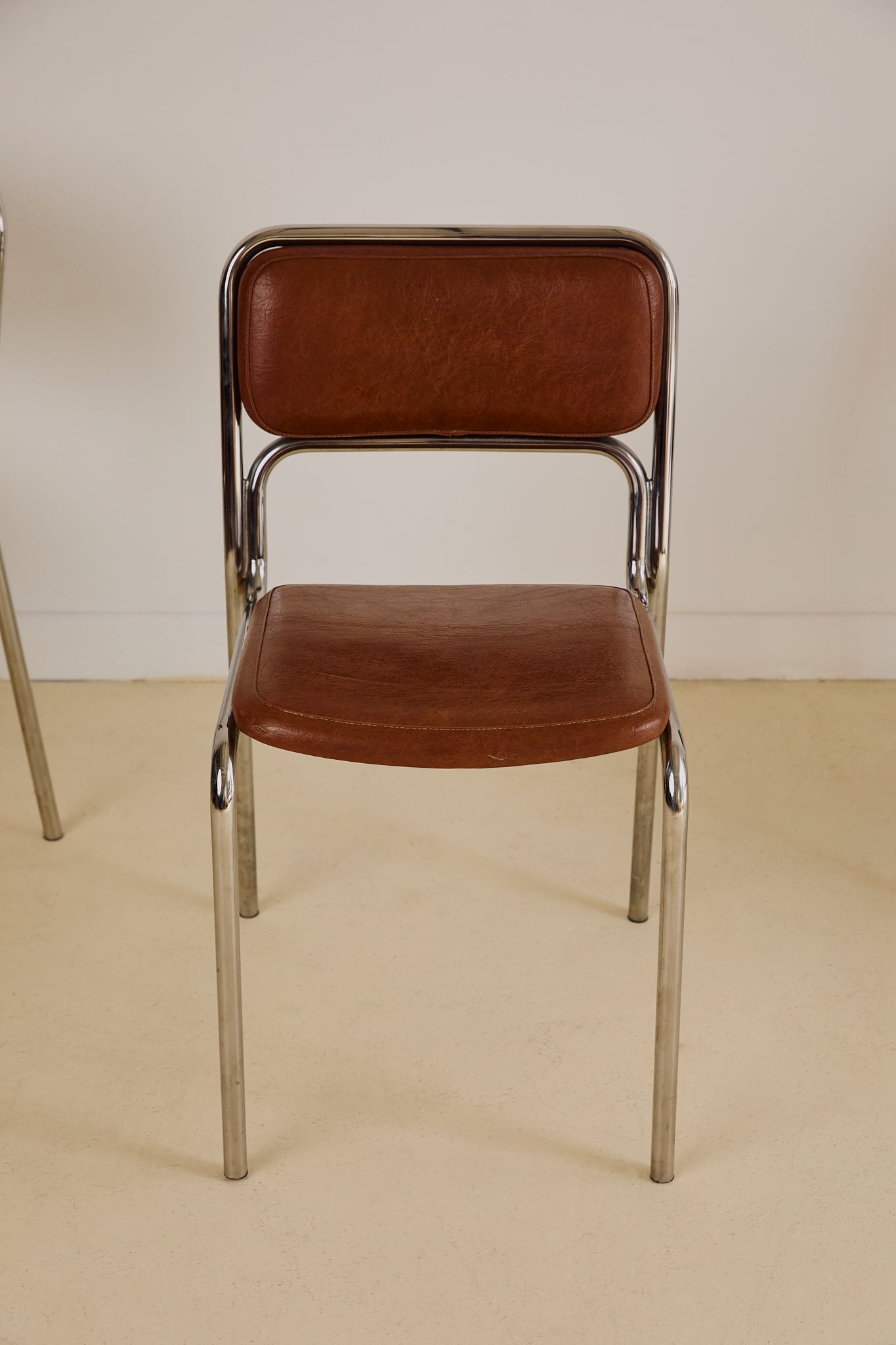 Set of 4 Bauhaus Chrome Tubular Steel and Brown Faux Leather Chairs, 80s Italy