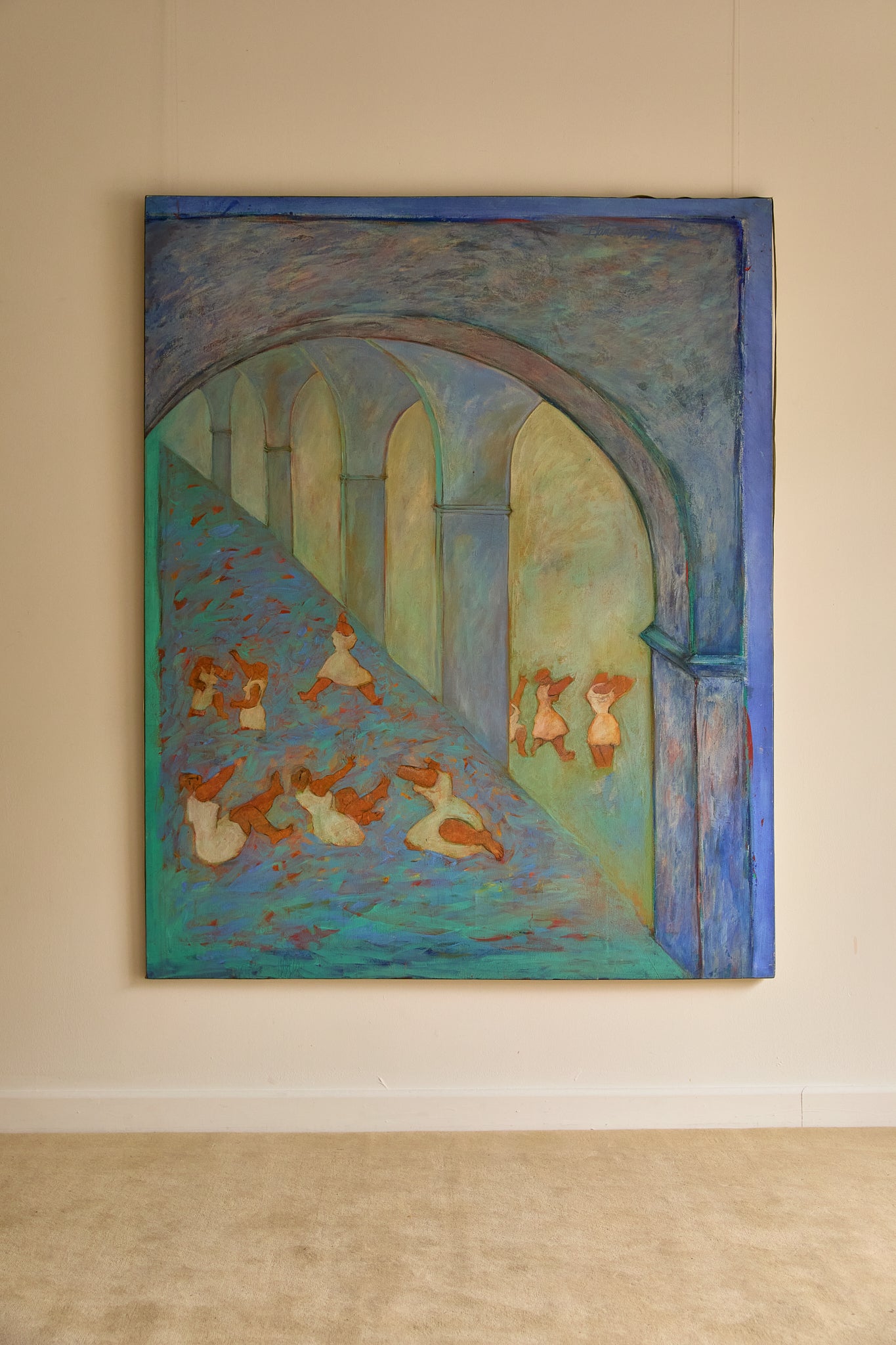 Large 1989 French Postmodern Neo-Symbolist Painting – Vestales dans les Jardins by B. Blanc-Fontonille