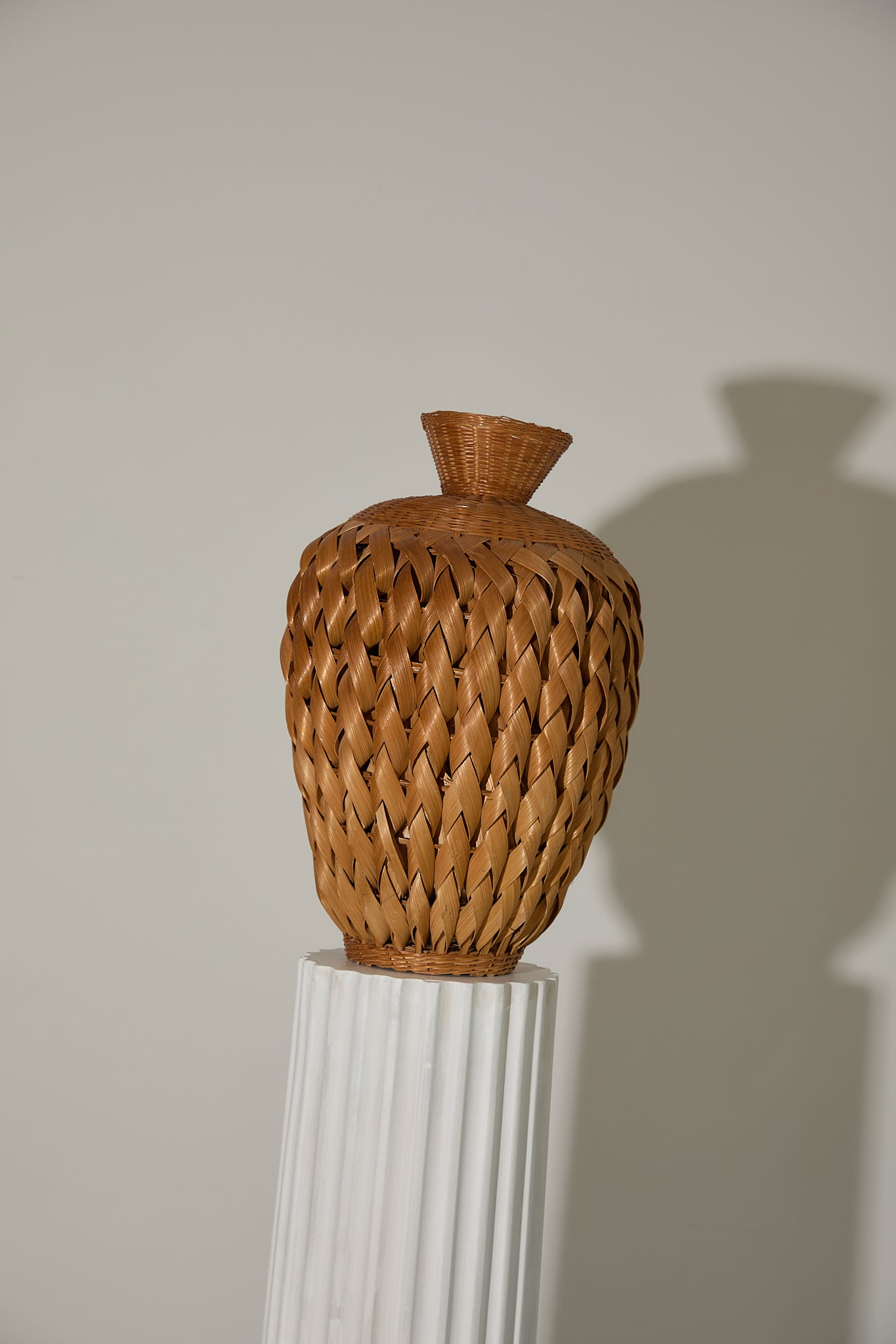 Vintage Mid-Century Woven Rattan Textured Ovoid Vase