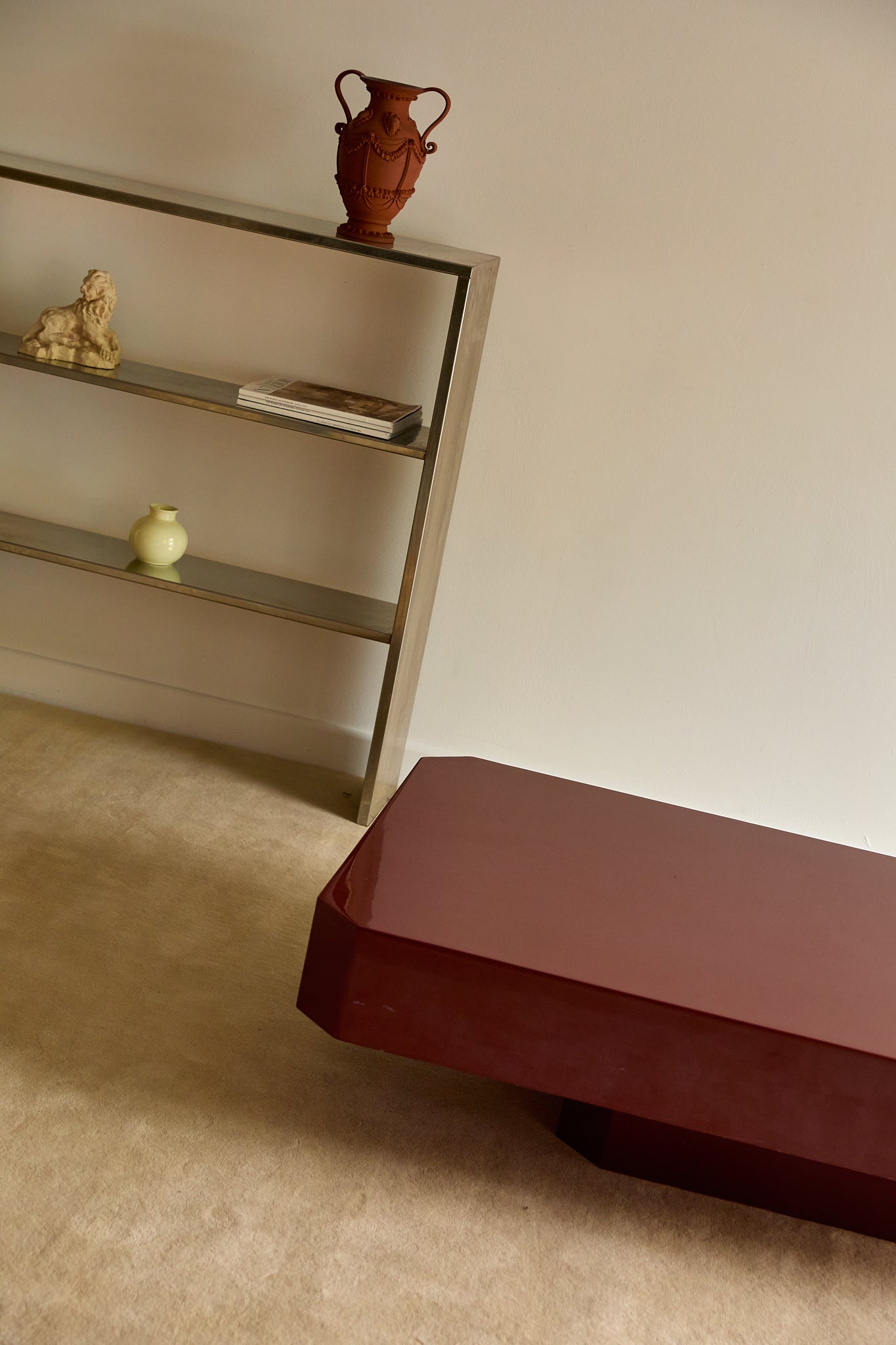 Vintage French Red Lacquered Floating Coffee Table with Canted Corners (c. 1970s)