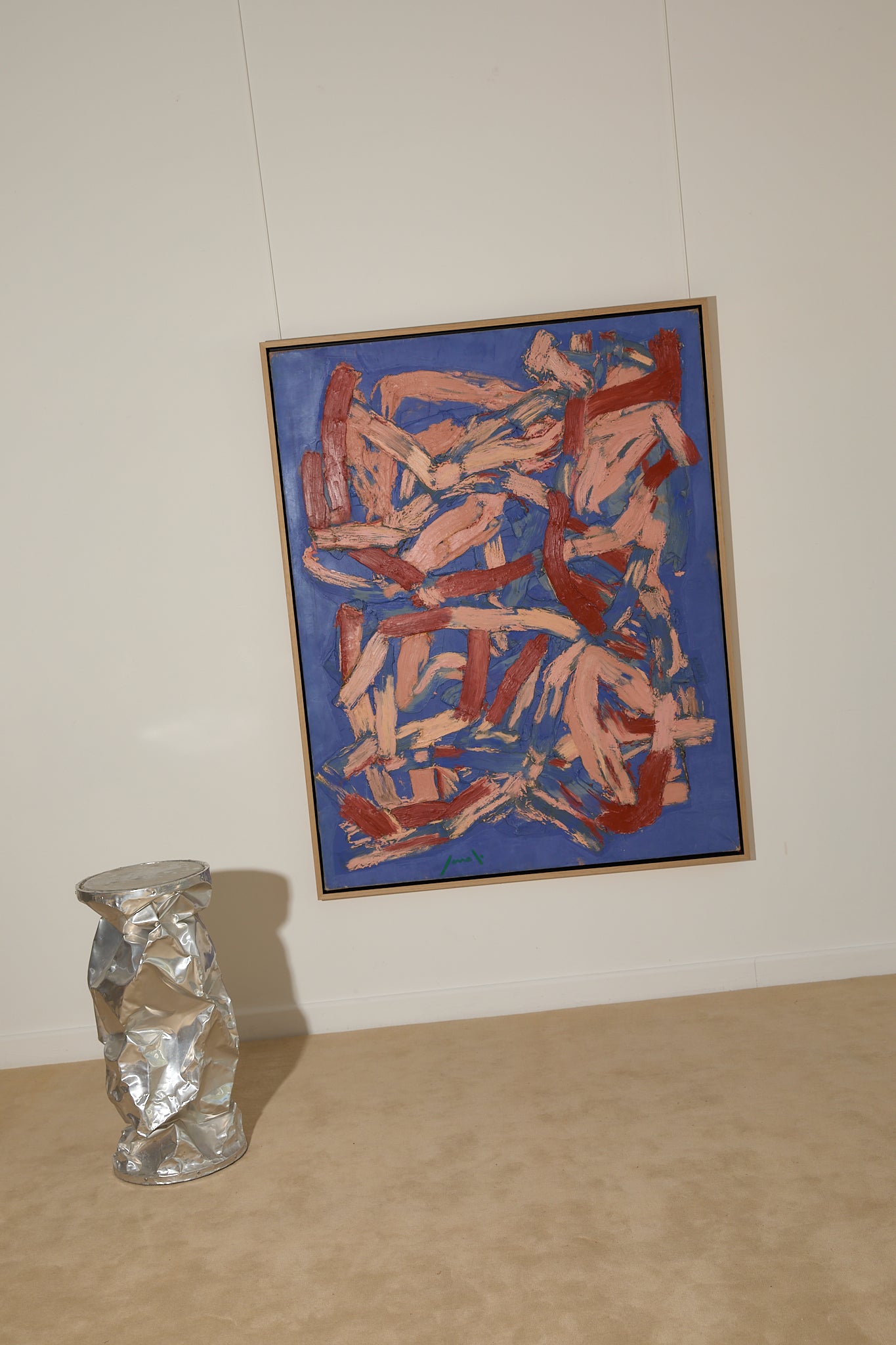 Original Georges Ferrato Abstract Impasto Oil Painting – Heavy Texture Blue &amp; Pink and Red Composition
