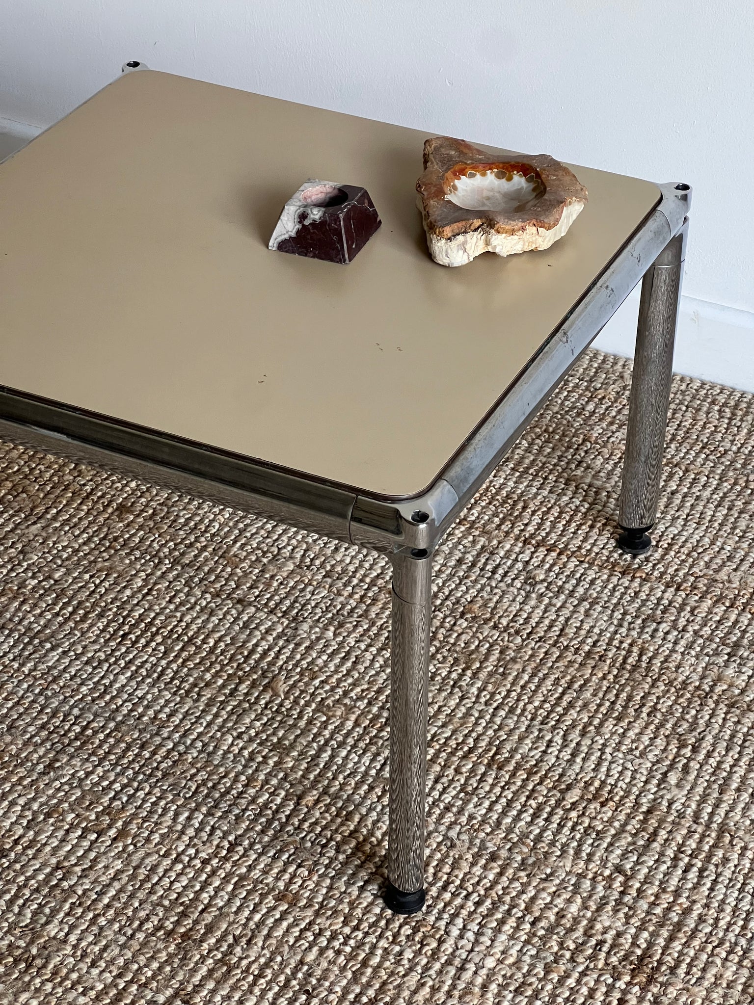 Italian Chrome and Cream Leather Coffee Table