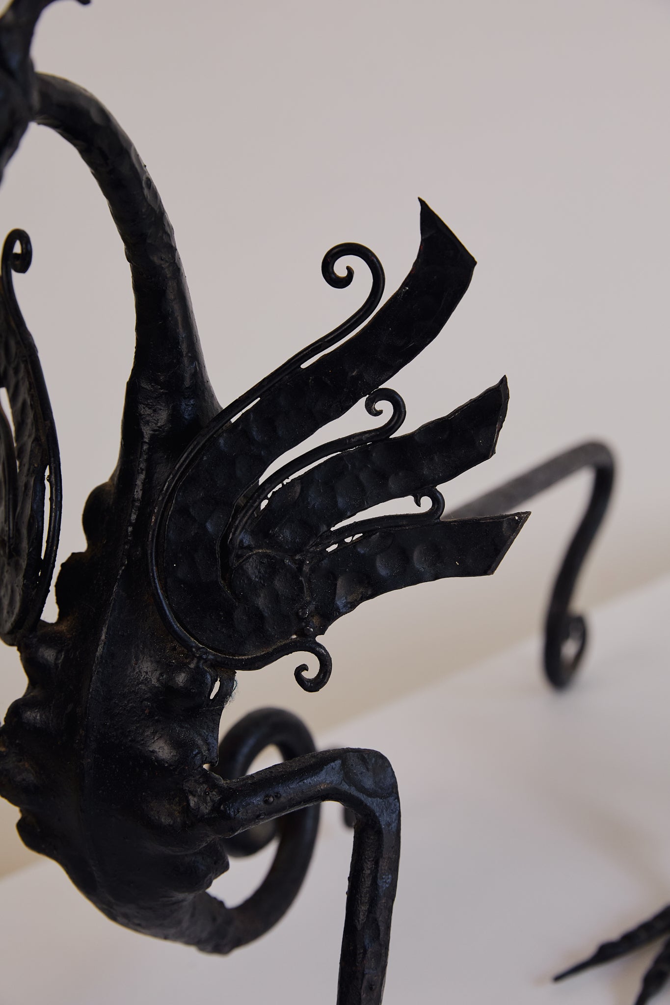 Antique Pair of Forged in Fire Wrought Iron Dragon Andirons / Fireplace Firedogs