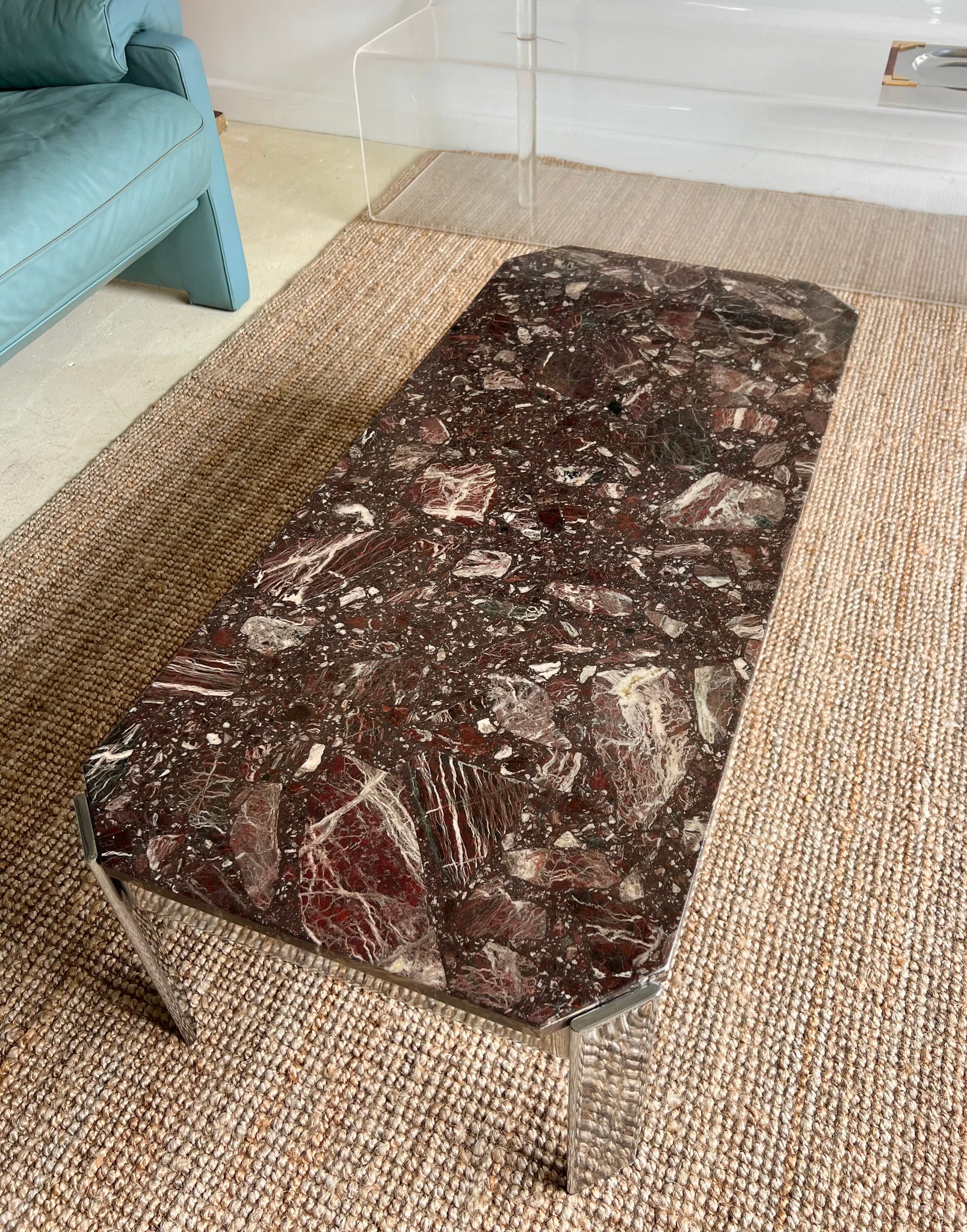 Reddish Brown Marble and Chrome Coffee Table