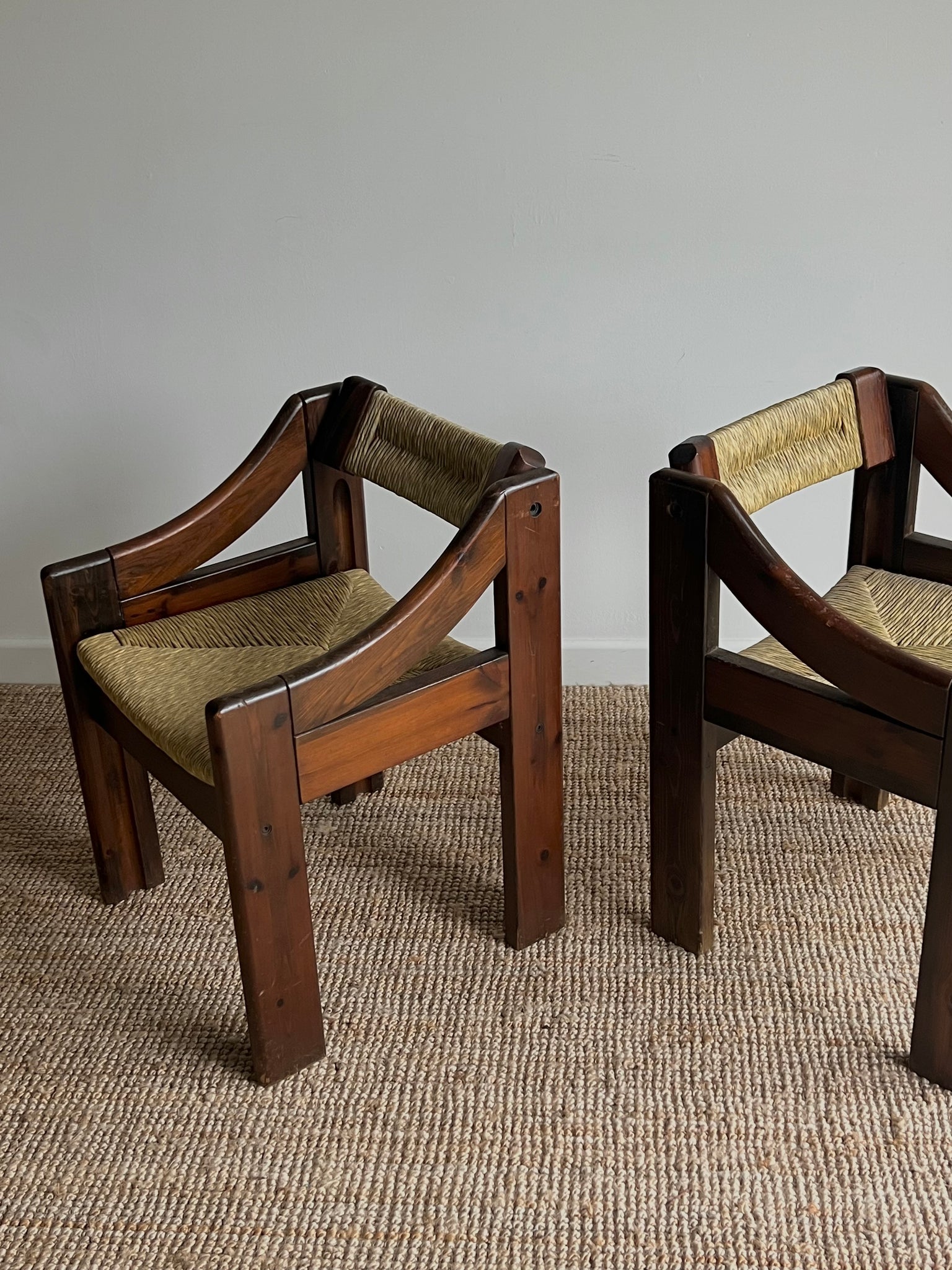 Mid-Century Brutalist Pine and Straw Chairs by Fratelli Montina, Italy, 1960s