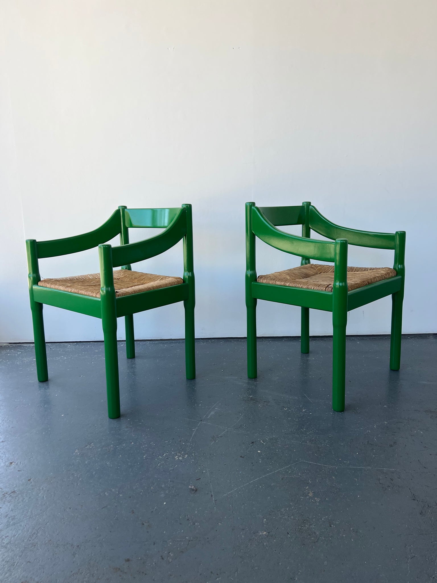 Set of x6 Glossy Green Carimate Carver Chairs by Vico Magistretti