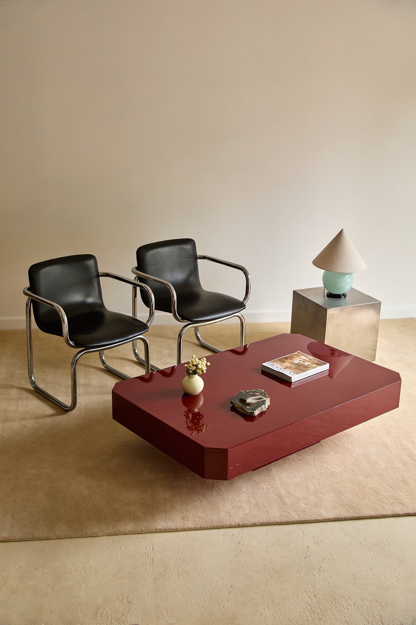 Vintage French Red Lacquered Floating Coffee Table with Canted Corners (c. 1970s)